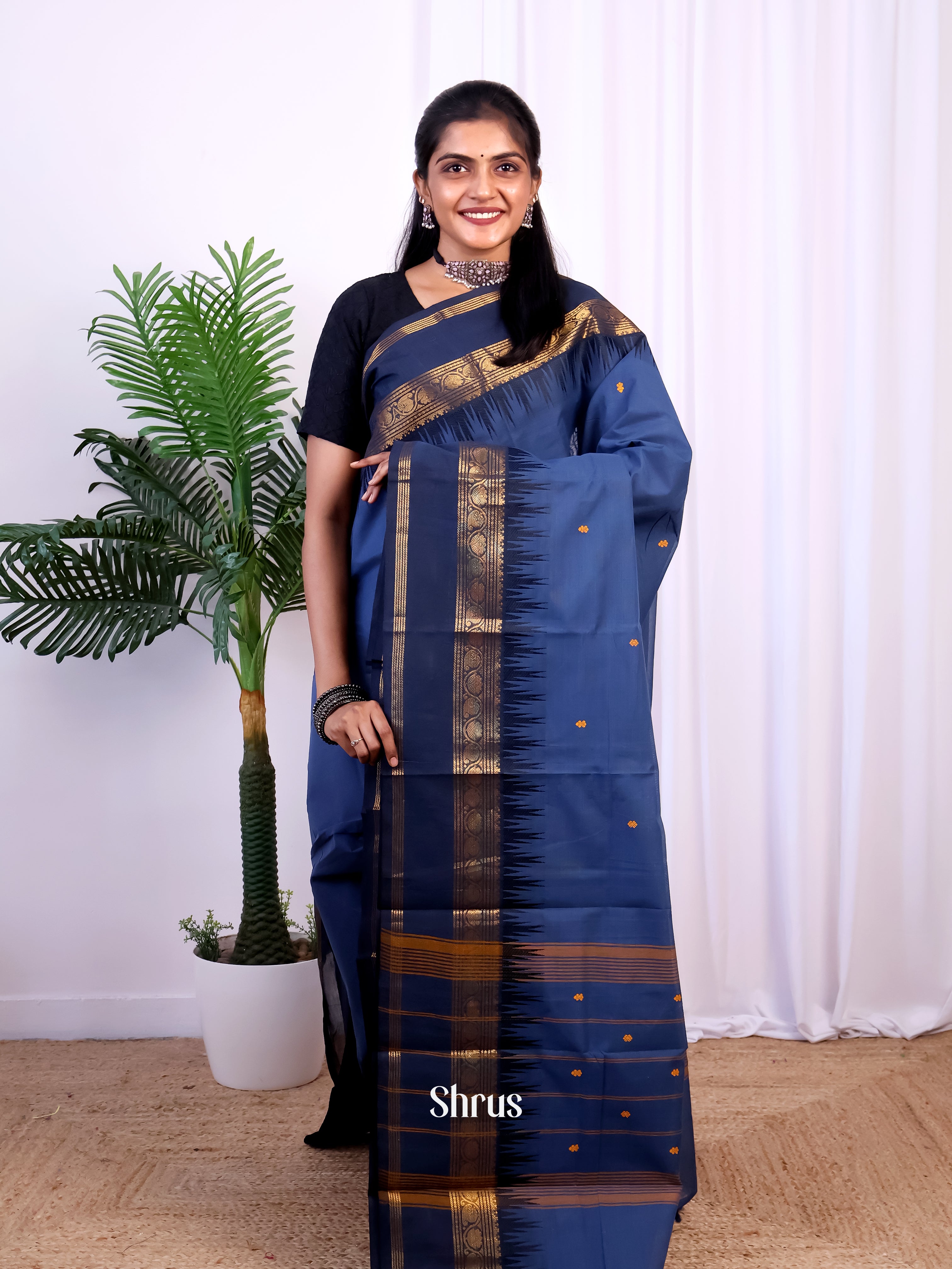 Blue & Navy Blue- Chettinad Cotton Saree - Shop on Shrus.com