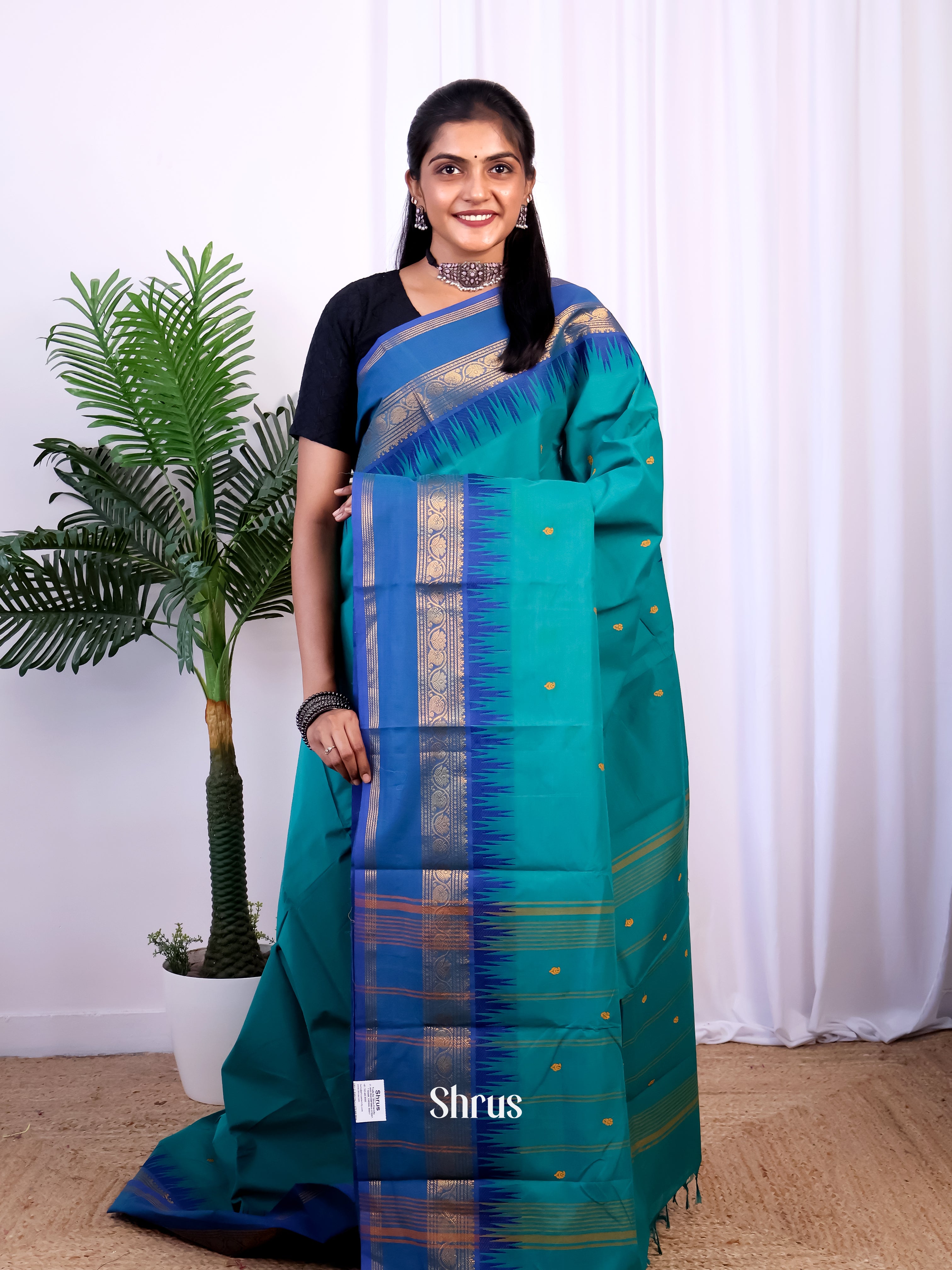 Teal & Blue - Chettinad Cotton Saree - Shop on Shrus.com