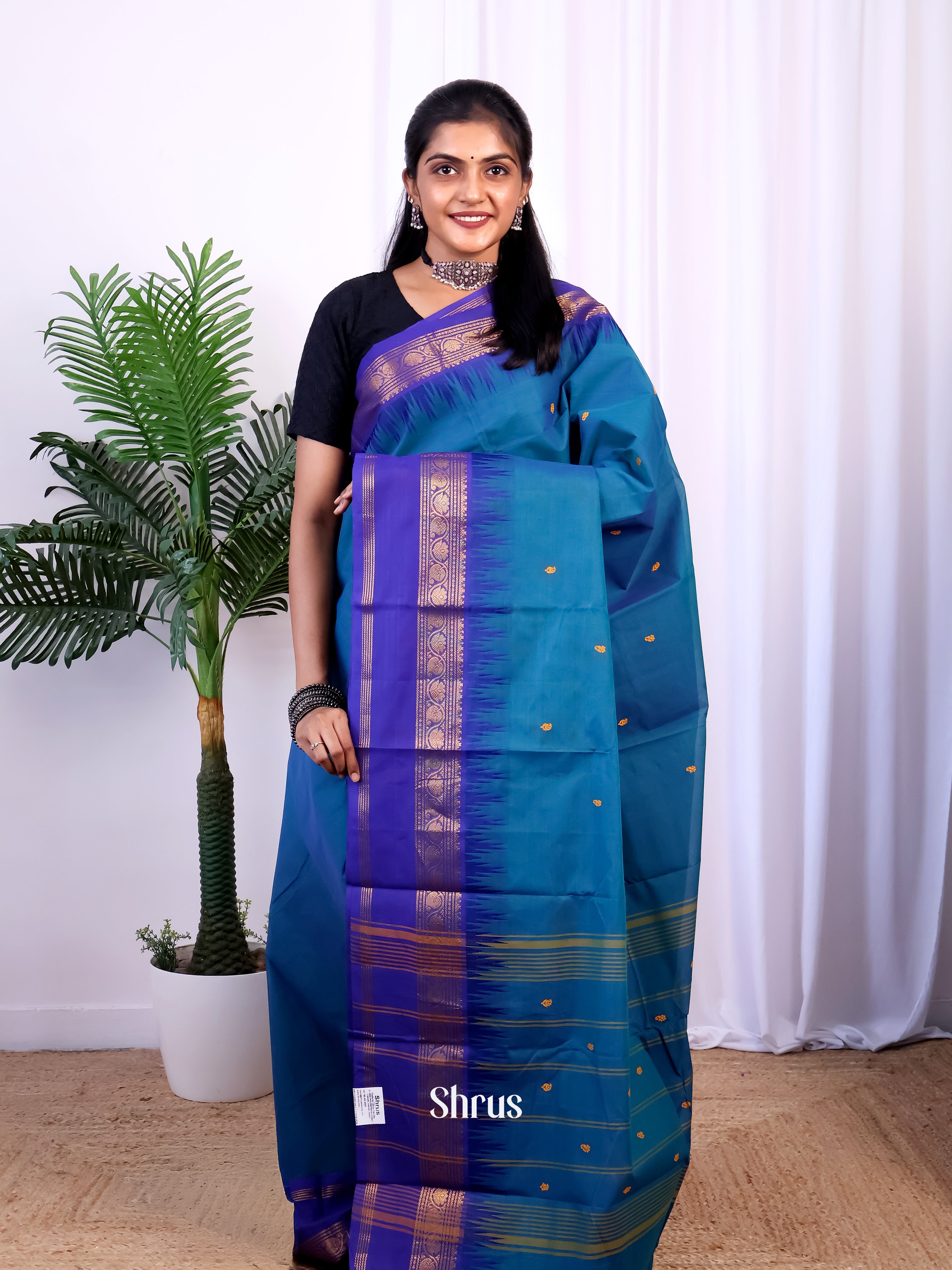 Teal & blue- Chettinad Cotton Saree - Shop on Shrus.com