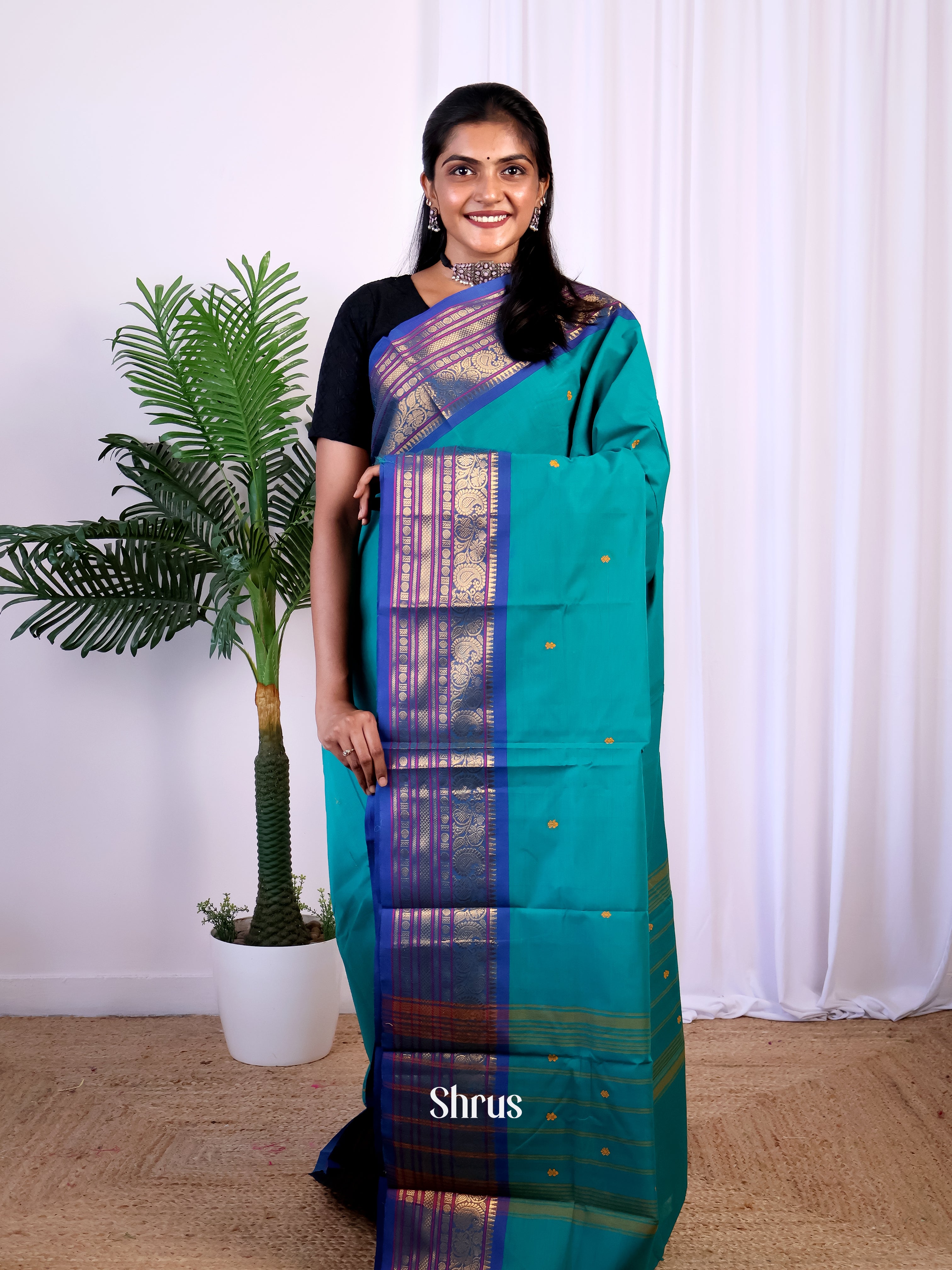 Teal & Blue - Chettinad Cotton Saree - Shop on Shrus.com