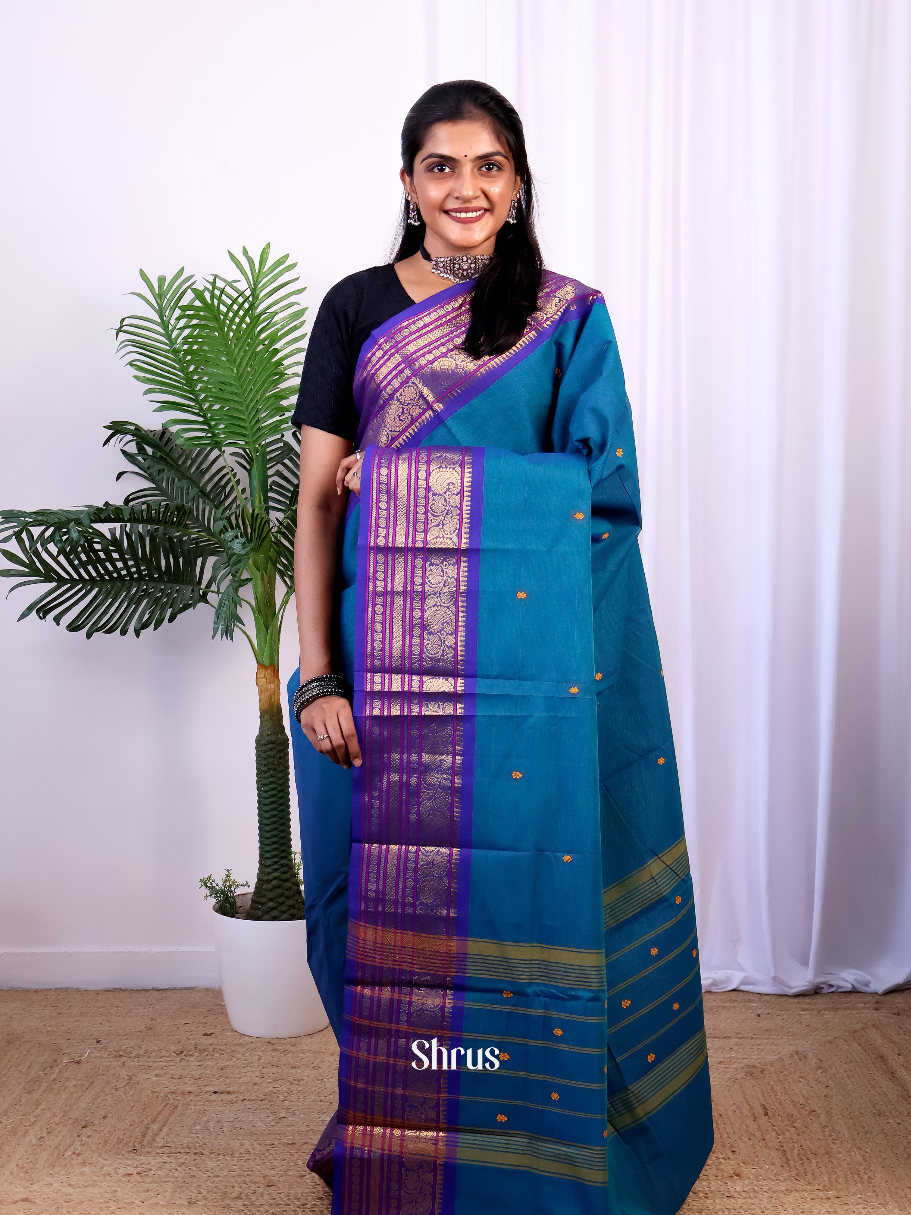 Blue & Violet - Chettinad Cotton Saree - Shop on Shrus.com