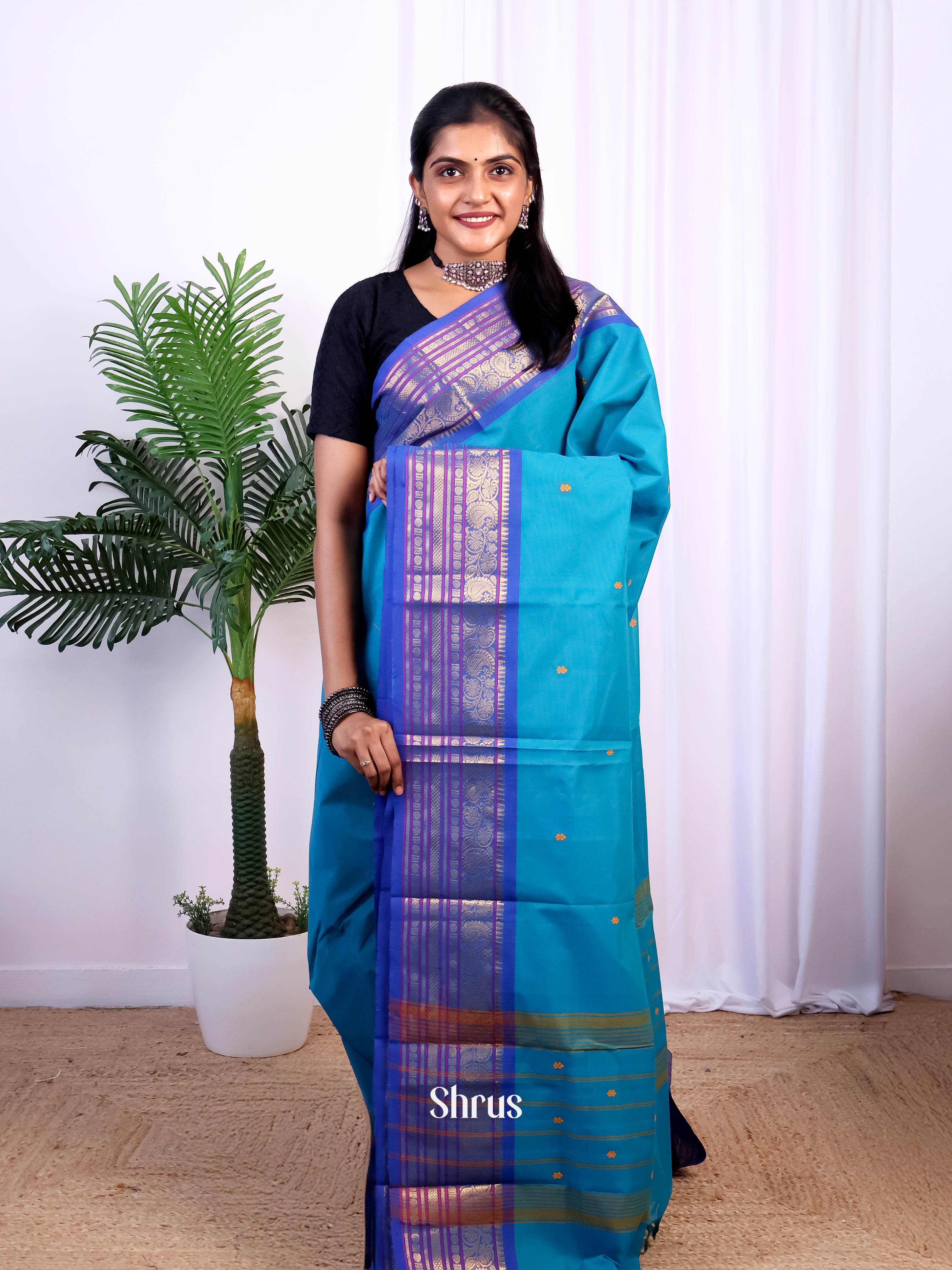 Teal & Blue - Chettinad Cotton Saree - Shop on Shrus.com