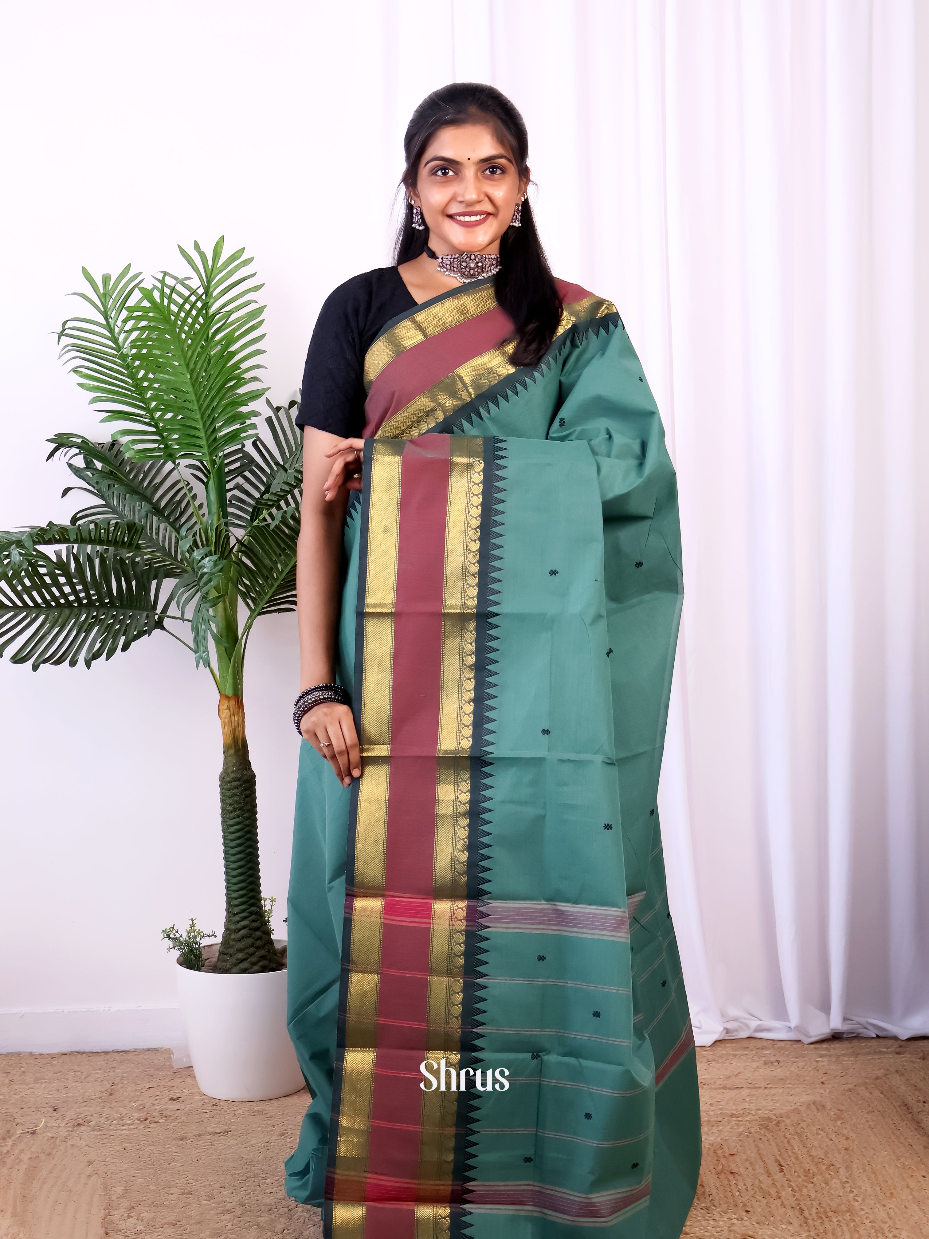 Pastel Green & Black - Chettinad Cotton Saree - Shop on Shrus.com