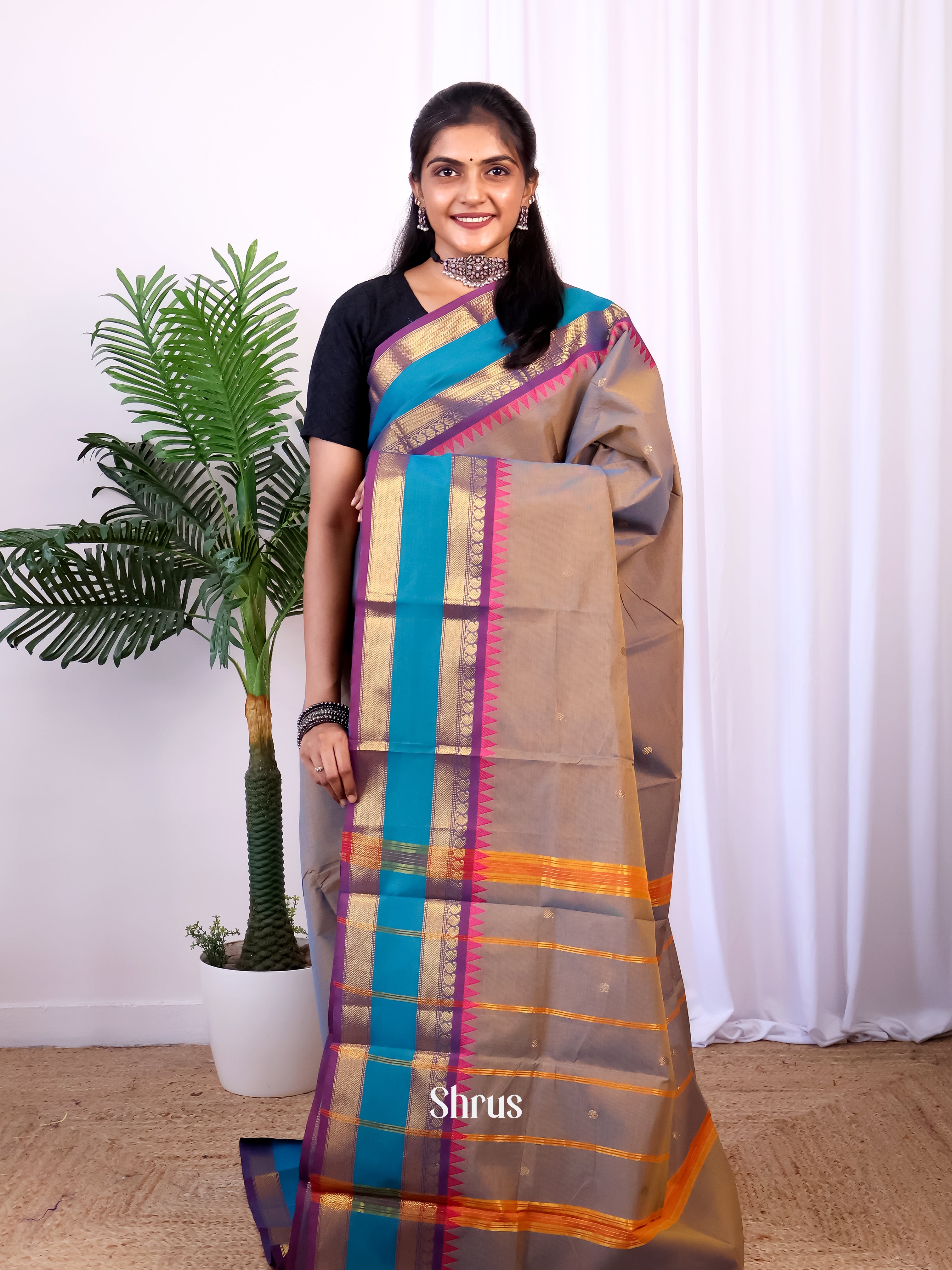 Grey & Blue- Chettinad Cotton Saree - Shop on Shrus.com