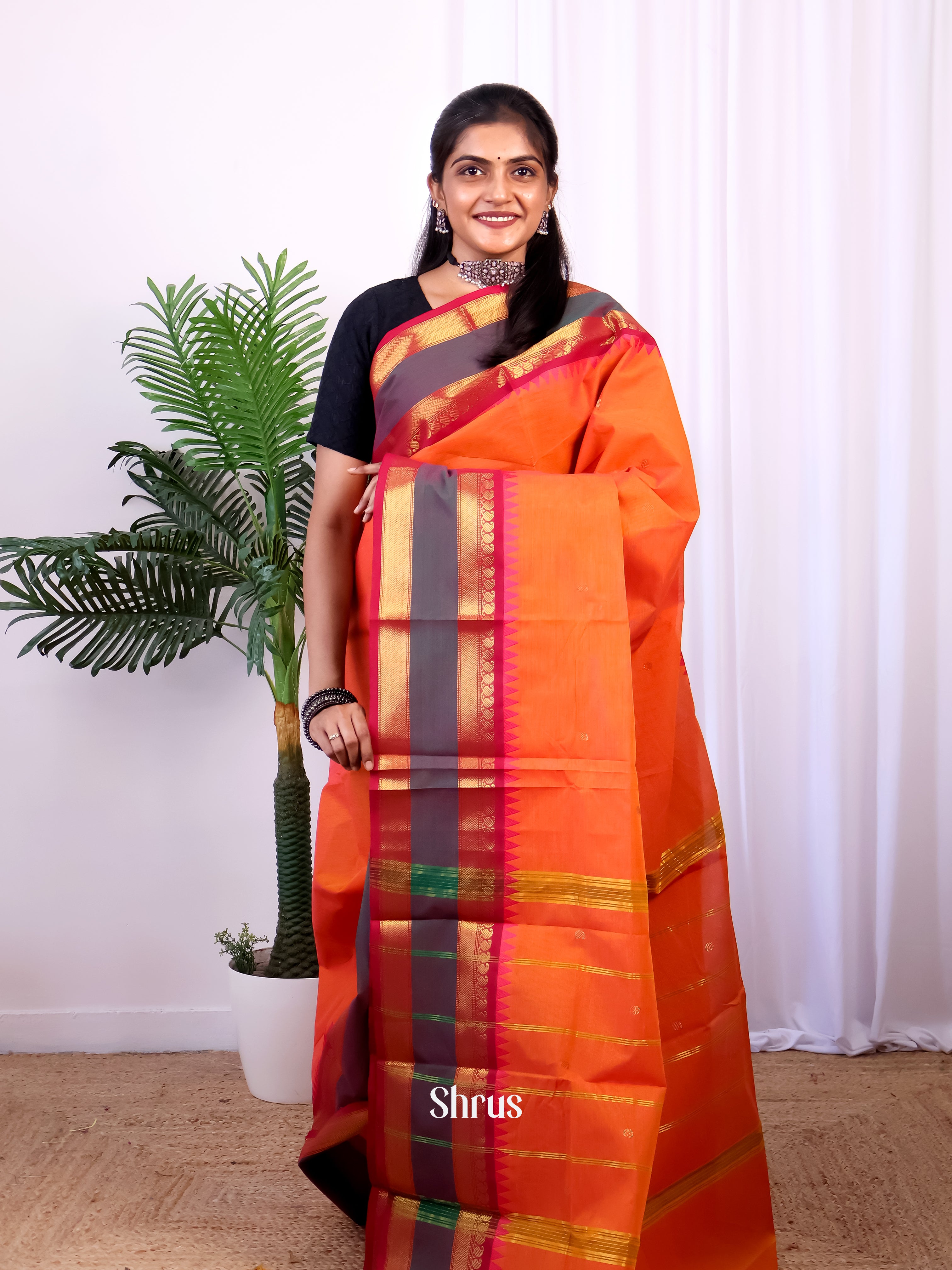 Orange & Red - Chettinad Cotton Saree - Shop on Shrus.com