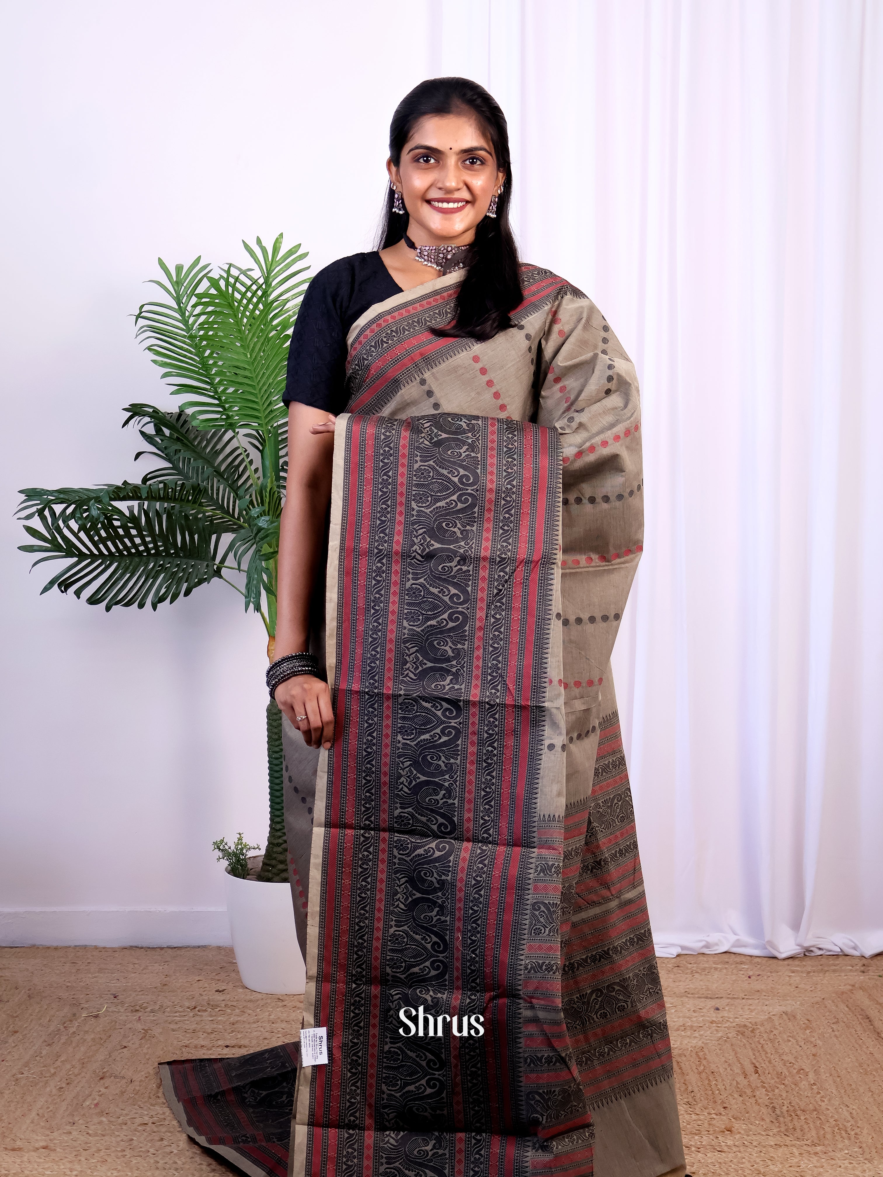 Grey & Black- Chettinad Cotton Saree - Shop on Shrus.com