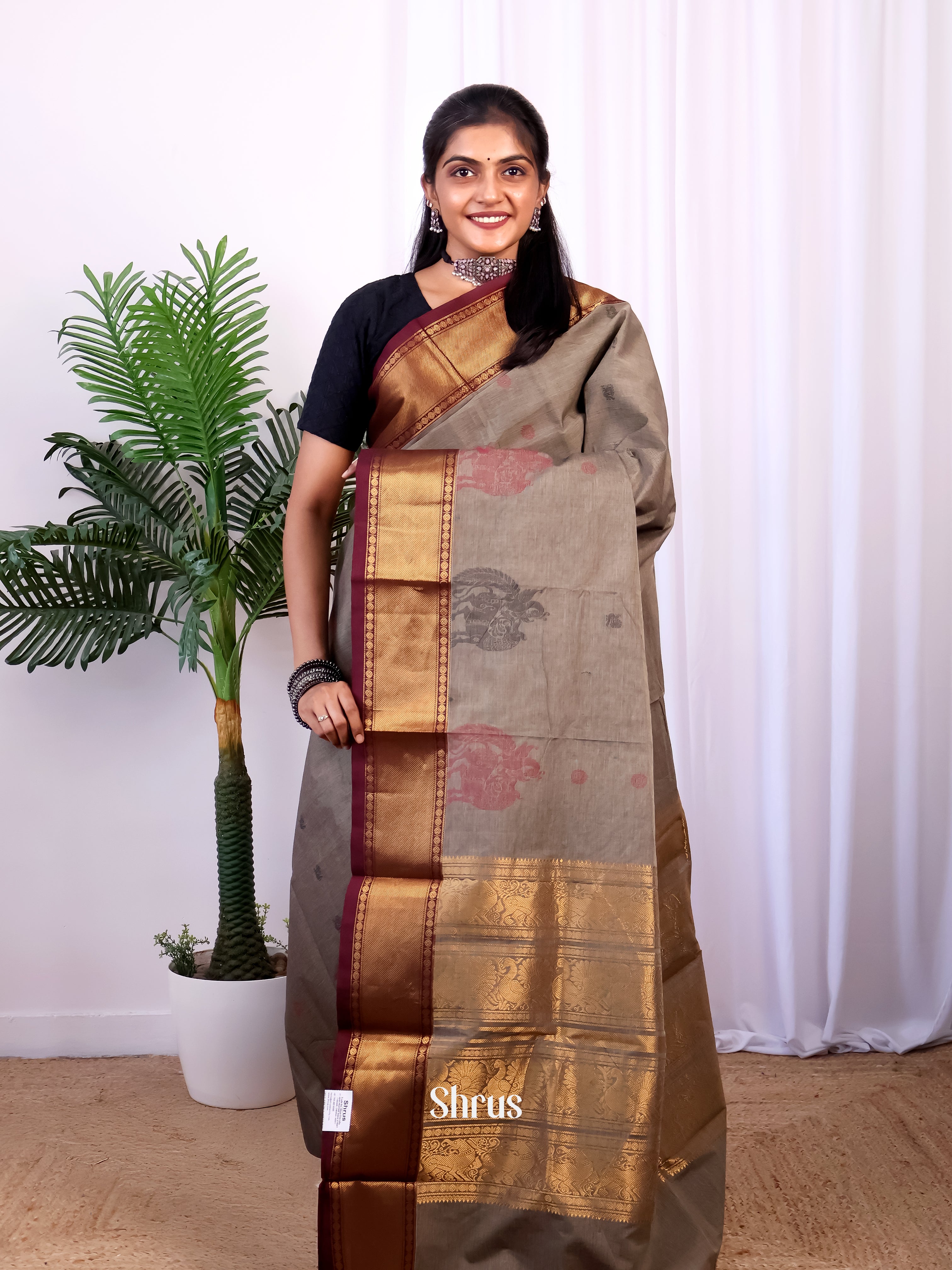 Grey & Brown- Chettinad Cotton Saree - Shop on Shrus.com