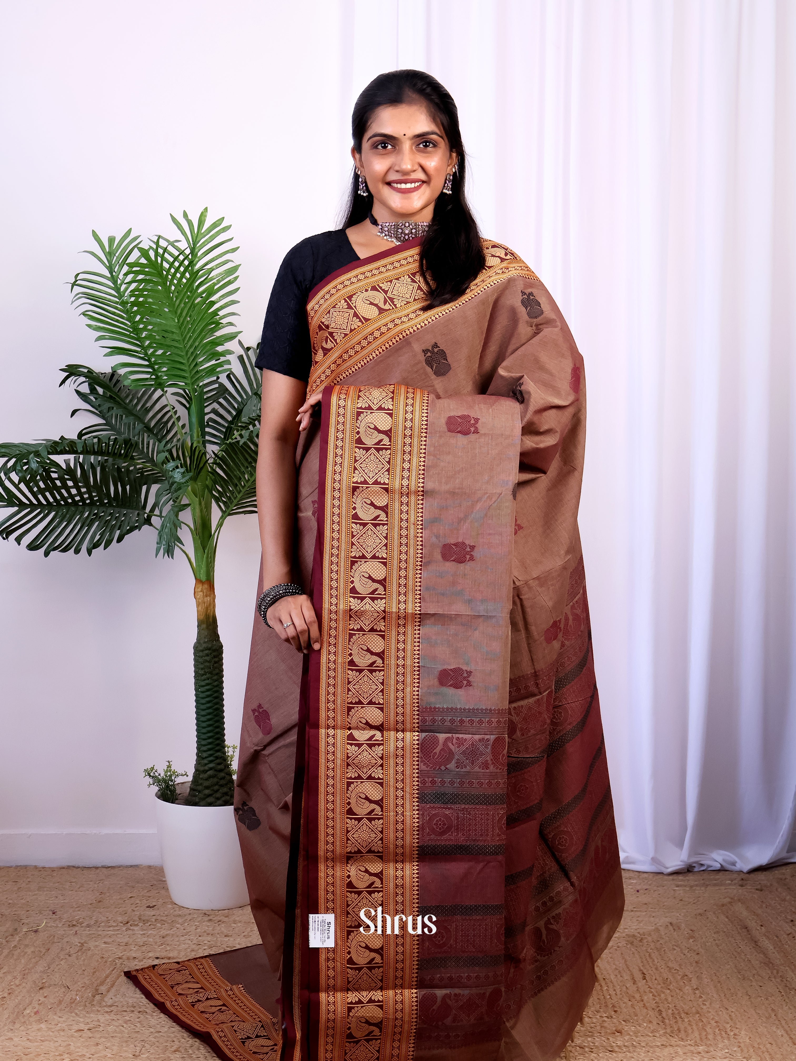 Grey & Brown - Chettinad Cotton Saree - Shop on Shrus.com