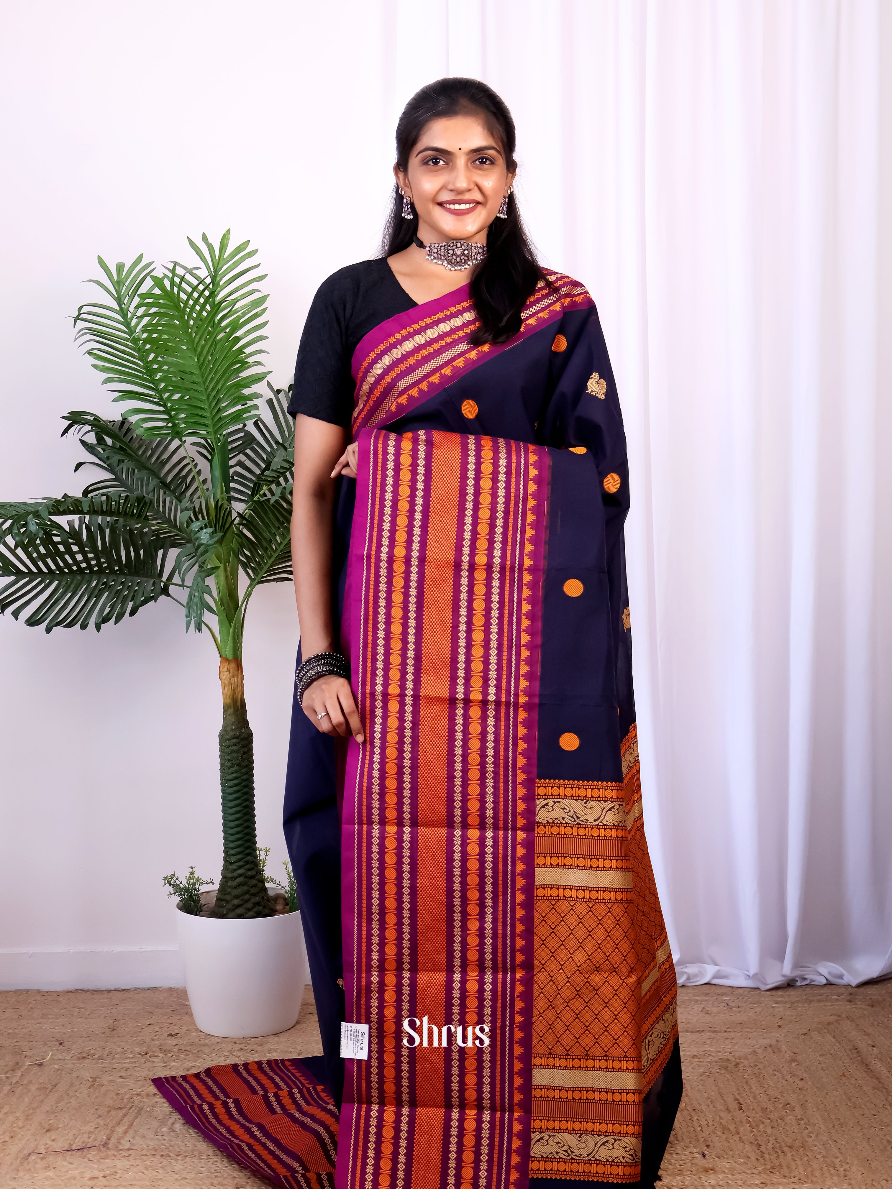 Blue & Purple- Chettinad Cotton Saree - Shop on Shrus.com