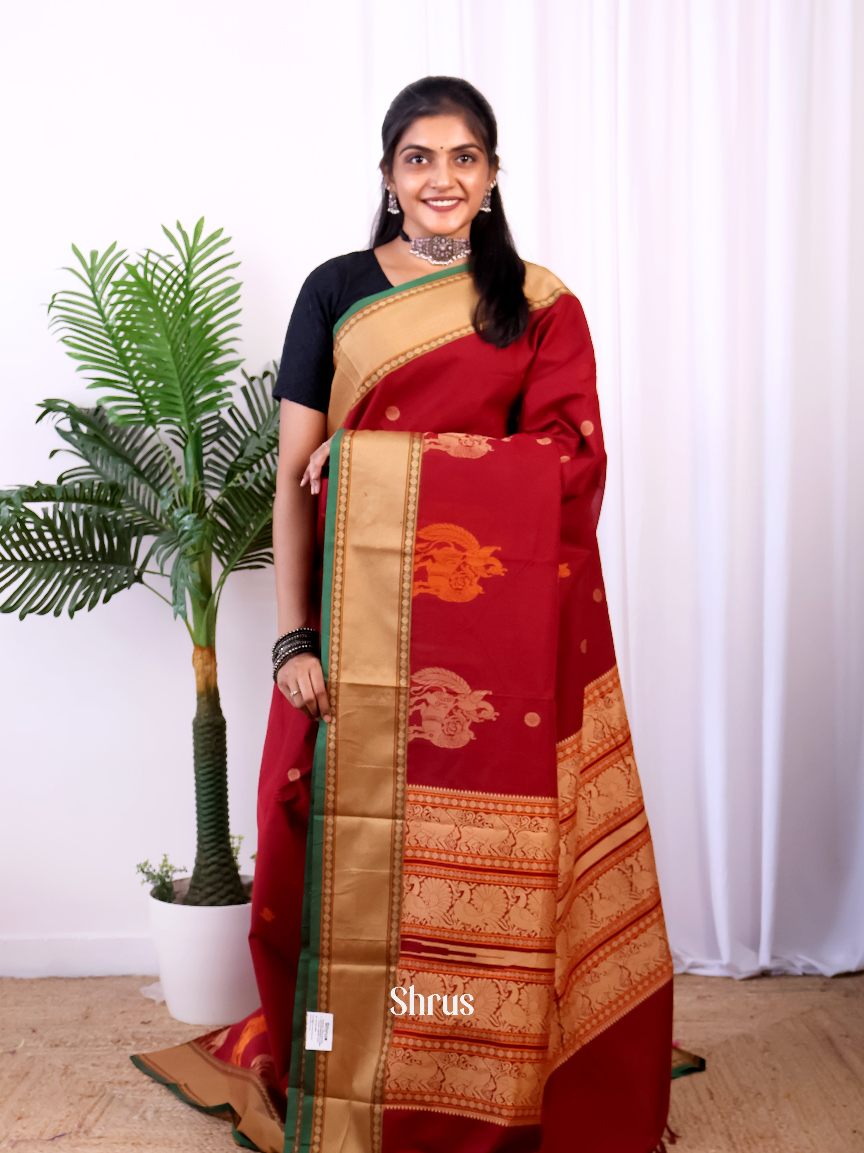 Maroon & Green - Chettinad Cotton Saree - Shop on Shrus.com