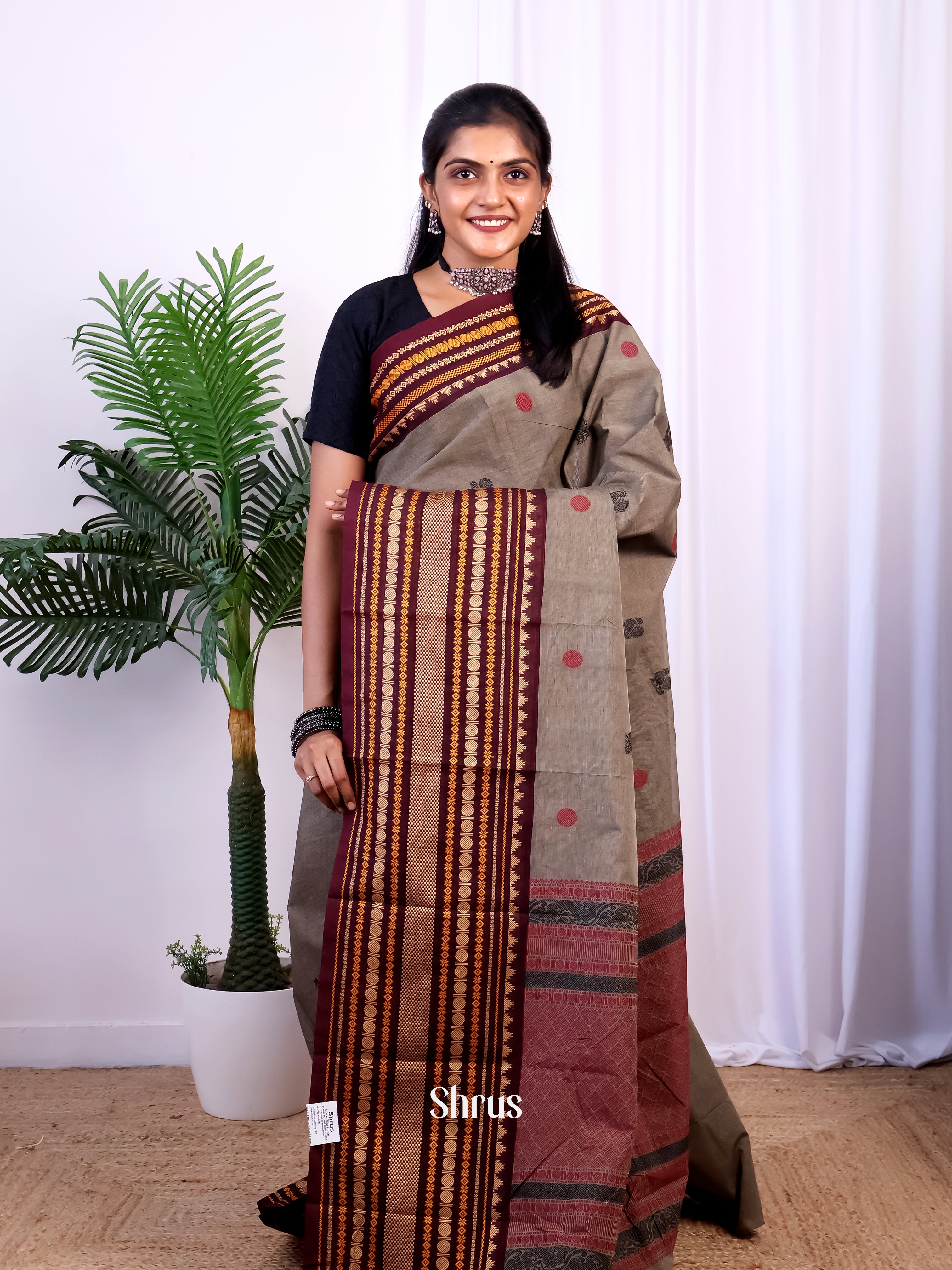 Grey & Brown - Chettinad Cotton Saree - Shop on Shrus.com