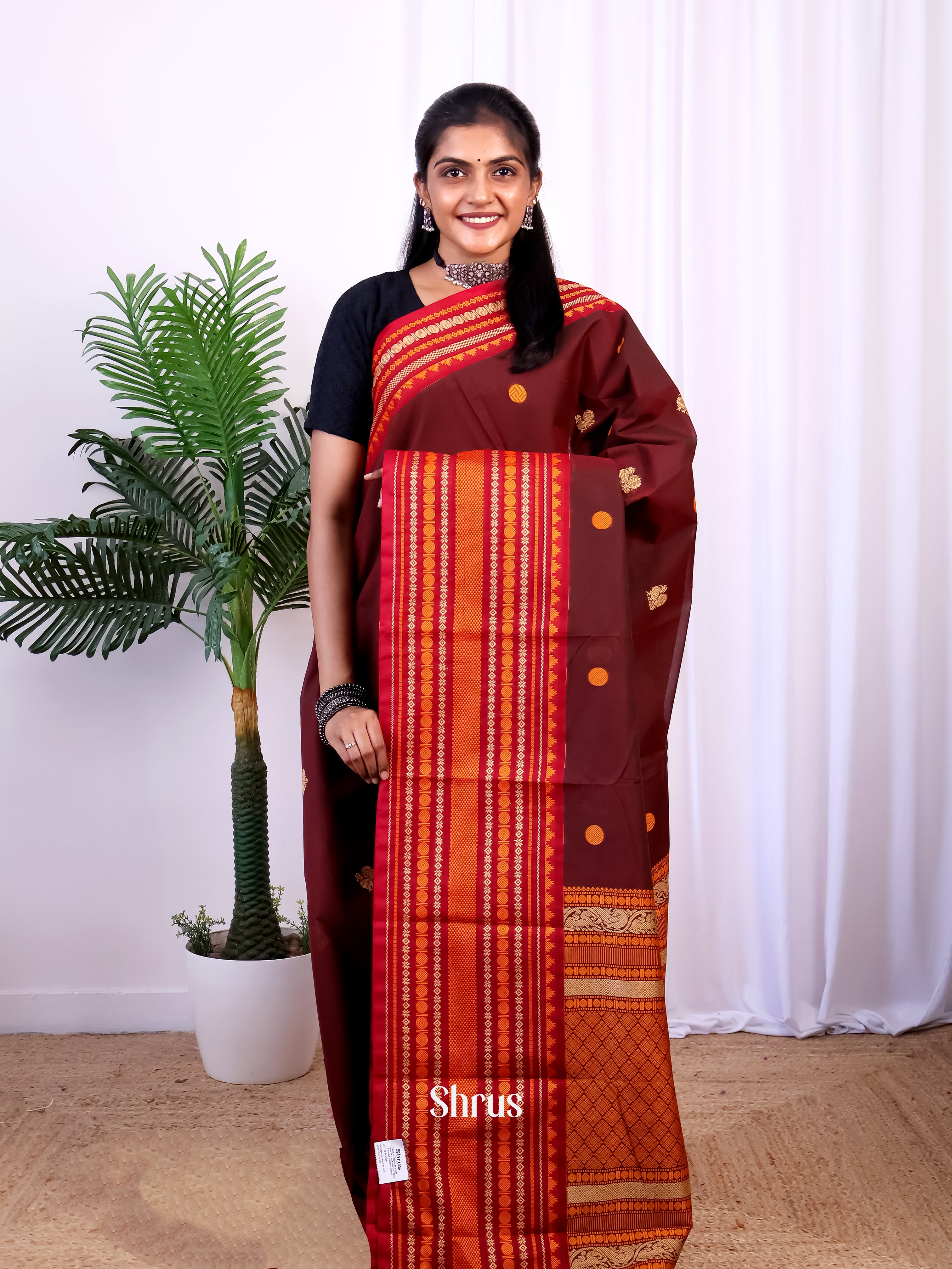 Brown & Red - Chettinad Cotton Saree - Shop on Shrus.com