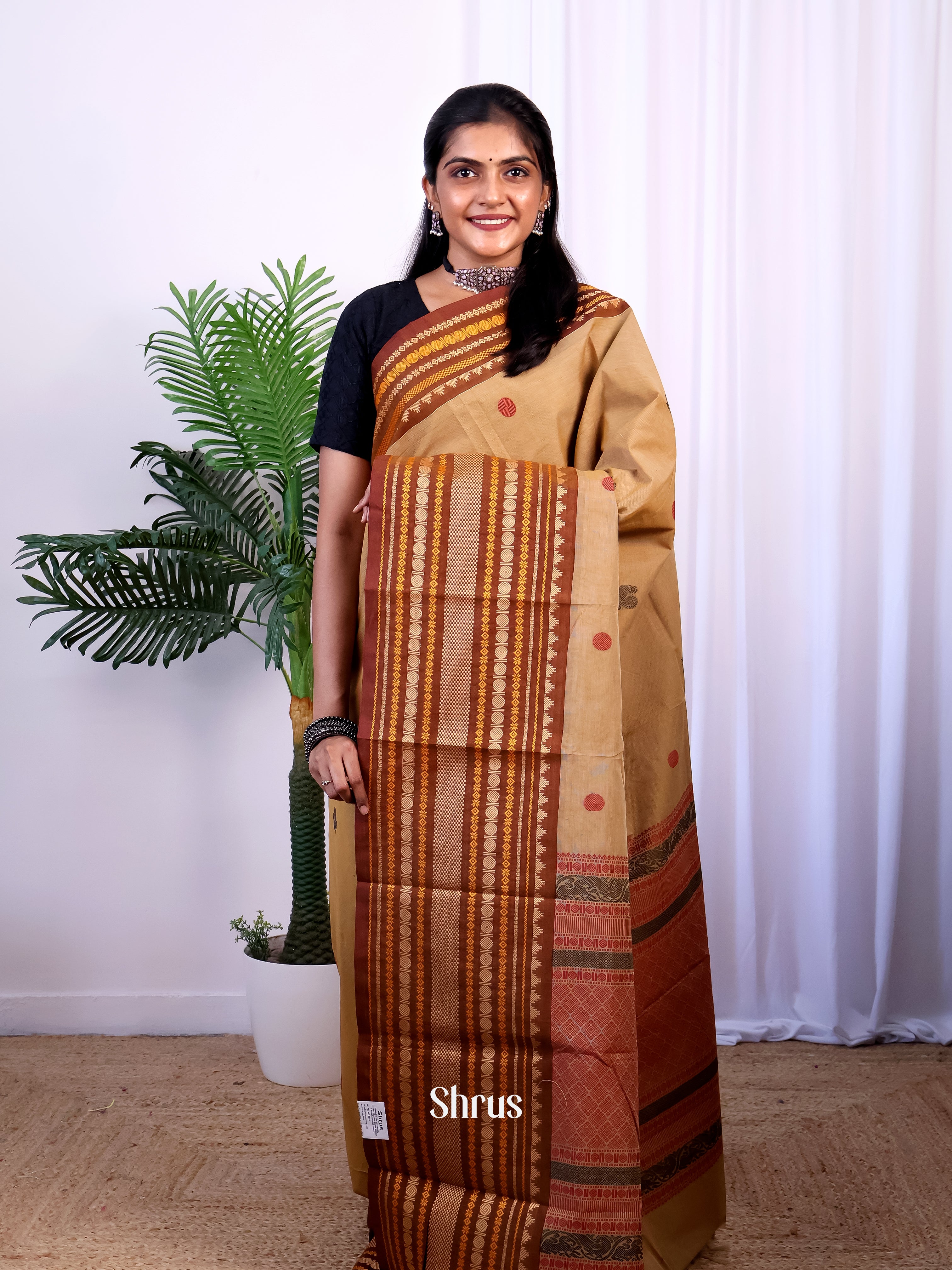 Lite Brown & Brown- Chettinad Cotton Saree - Shop on Shrus.com