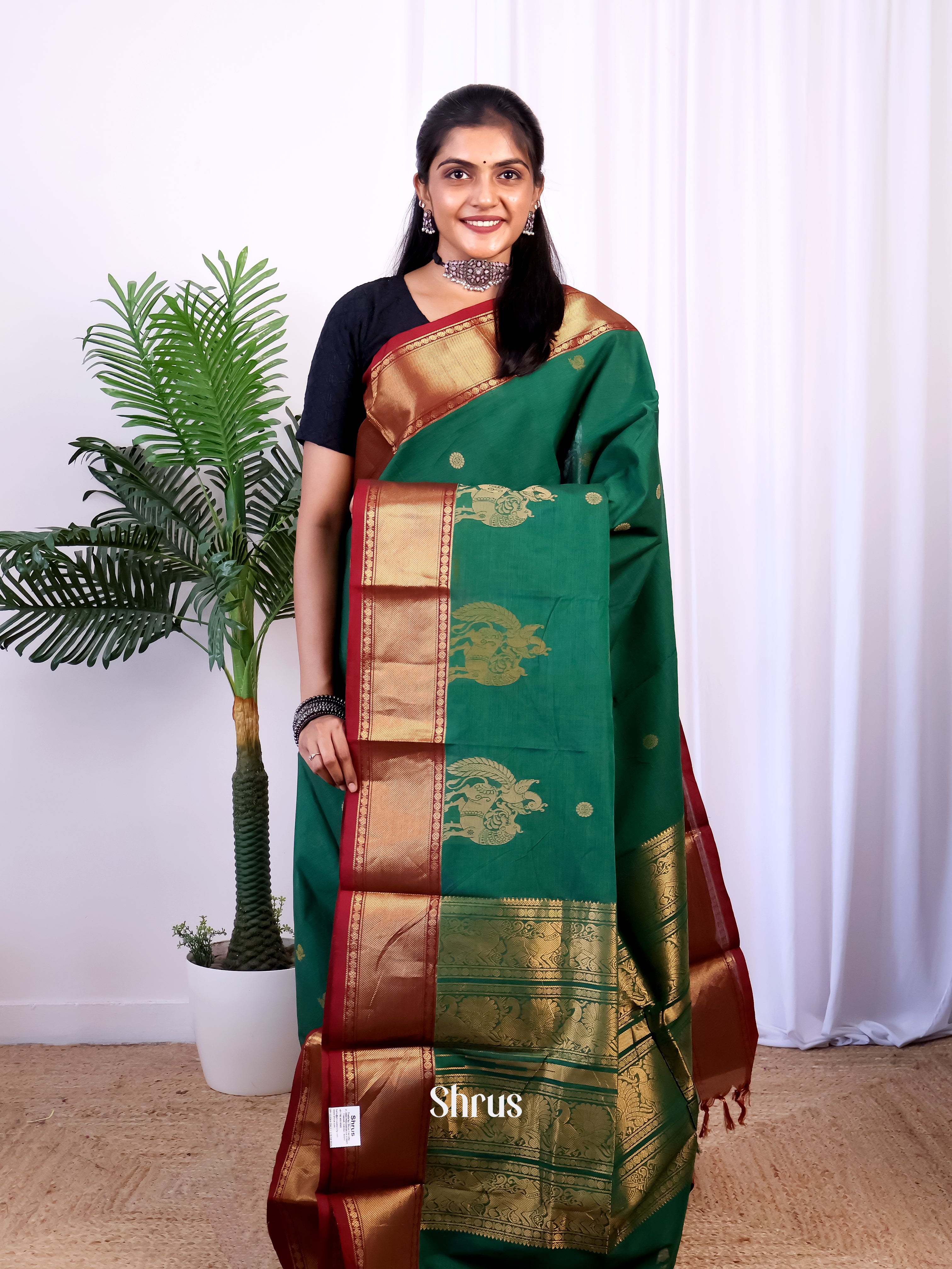 Green & red - Chettinad Cotton Saree - Shop on Shrus.com