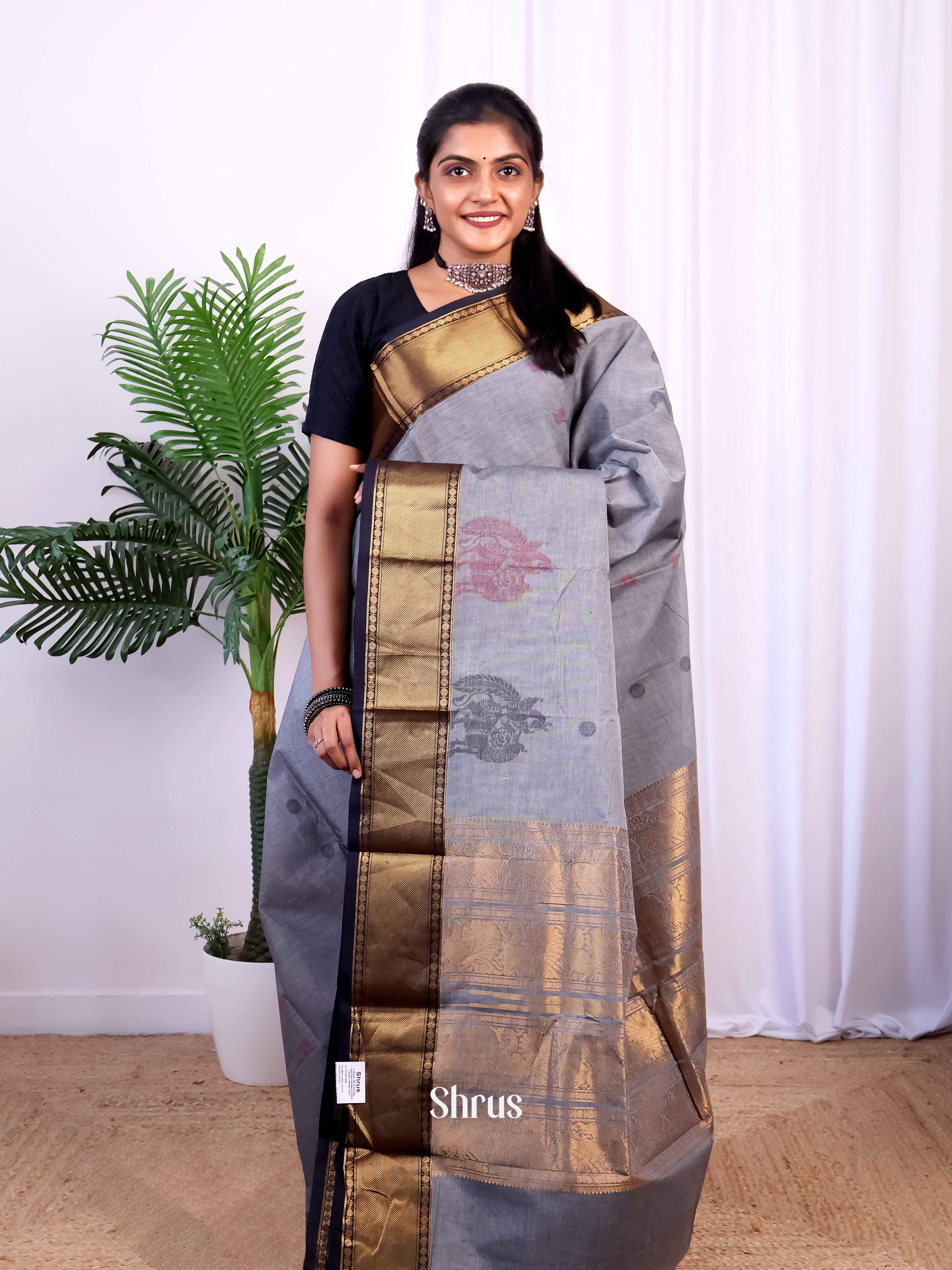 Grey & Black - Chettinad Cotton Saree - Shop on Shrus.com