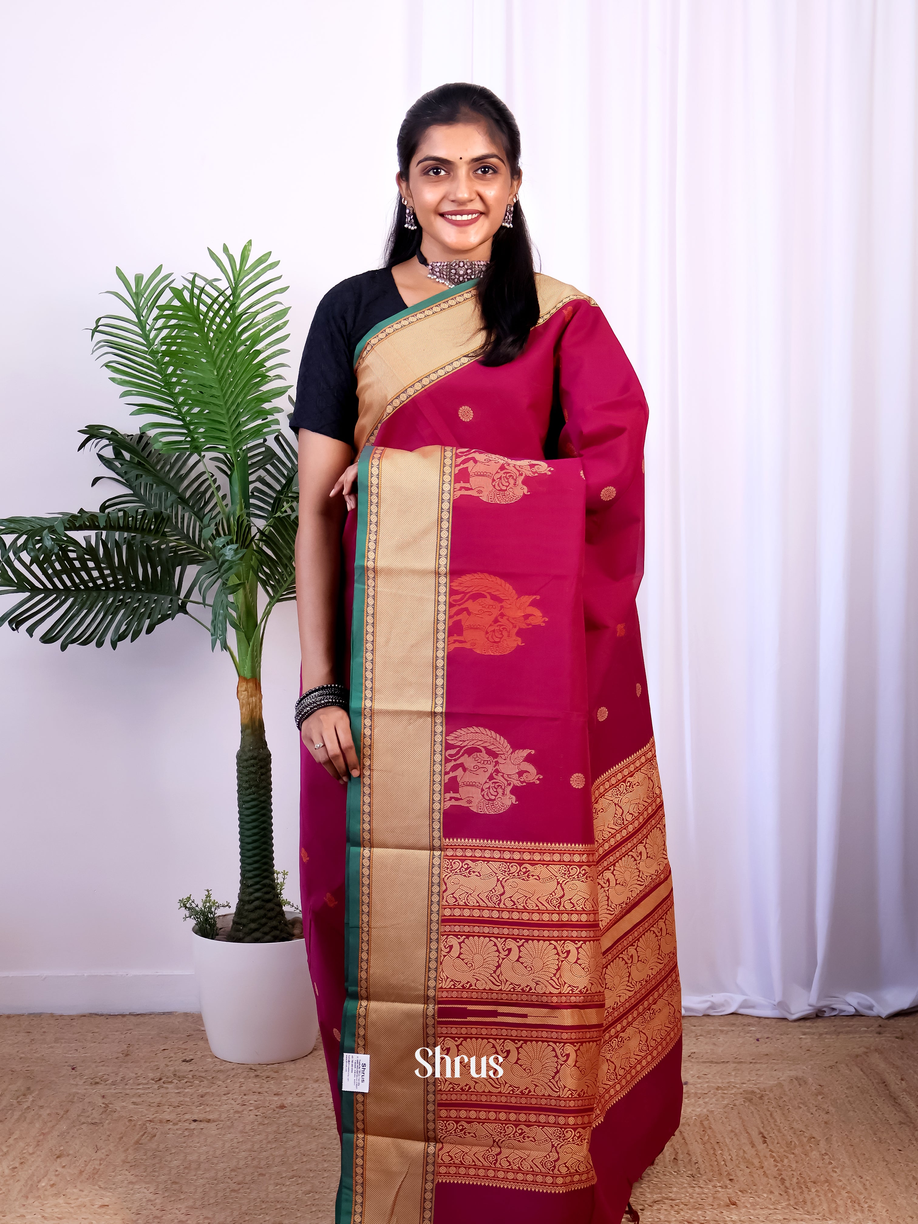 Maroon & Green - Chettinad Cotton Saree - Shop on Shrus.com