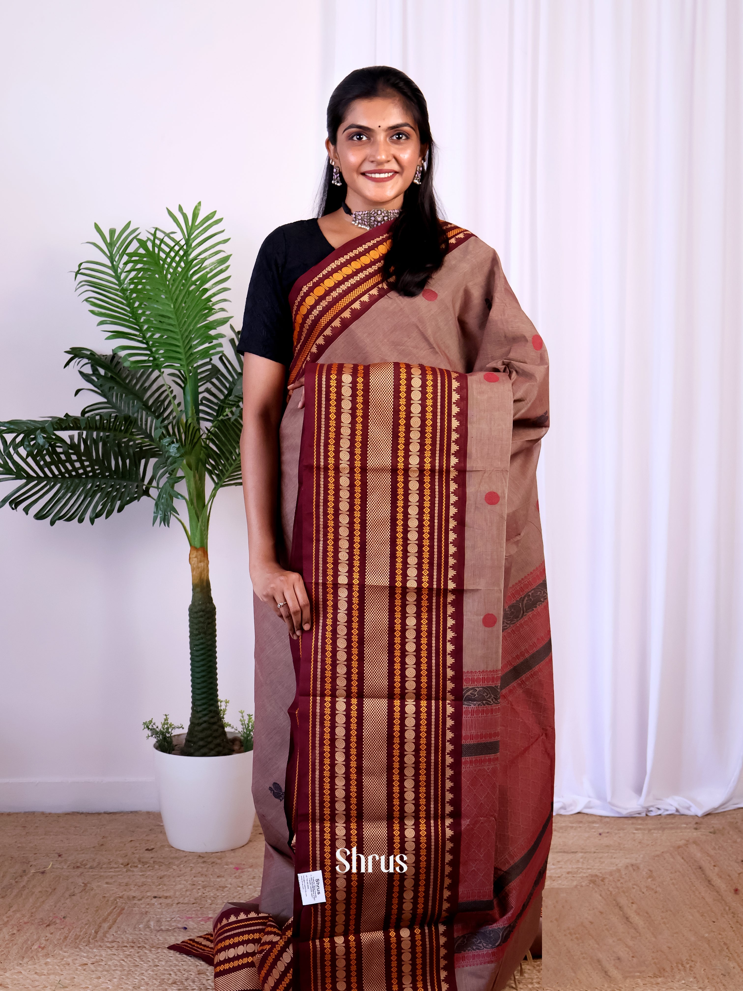 Grey & Brown - Chettinad Cotton Saree - Shop on Shrus.com