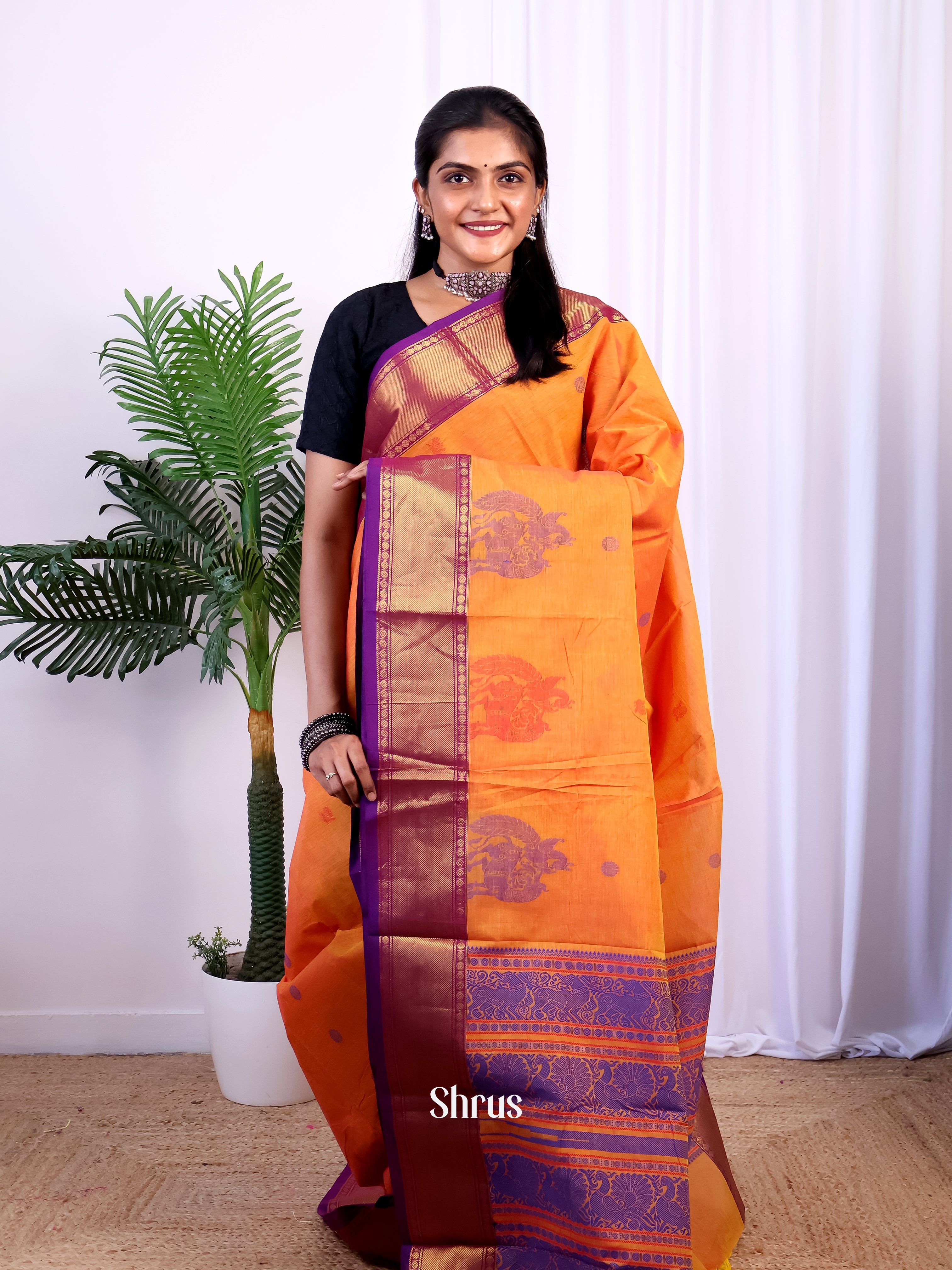 Orange & Violet - Chettinad Cotton Saree - Shop on Shrus.com