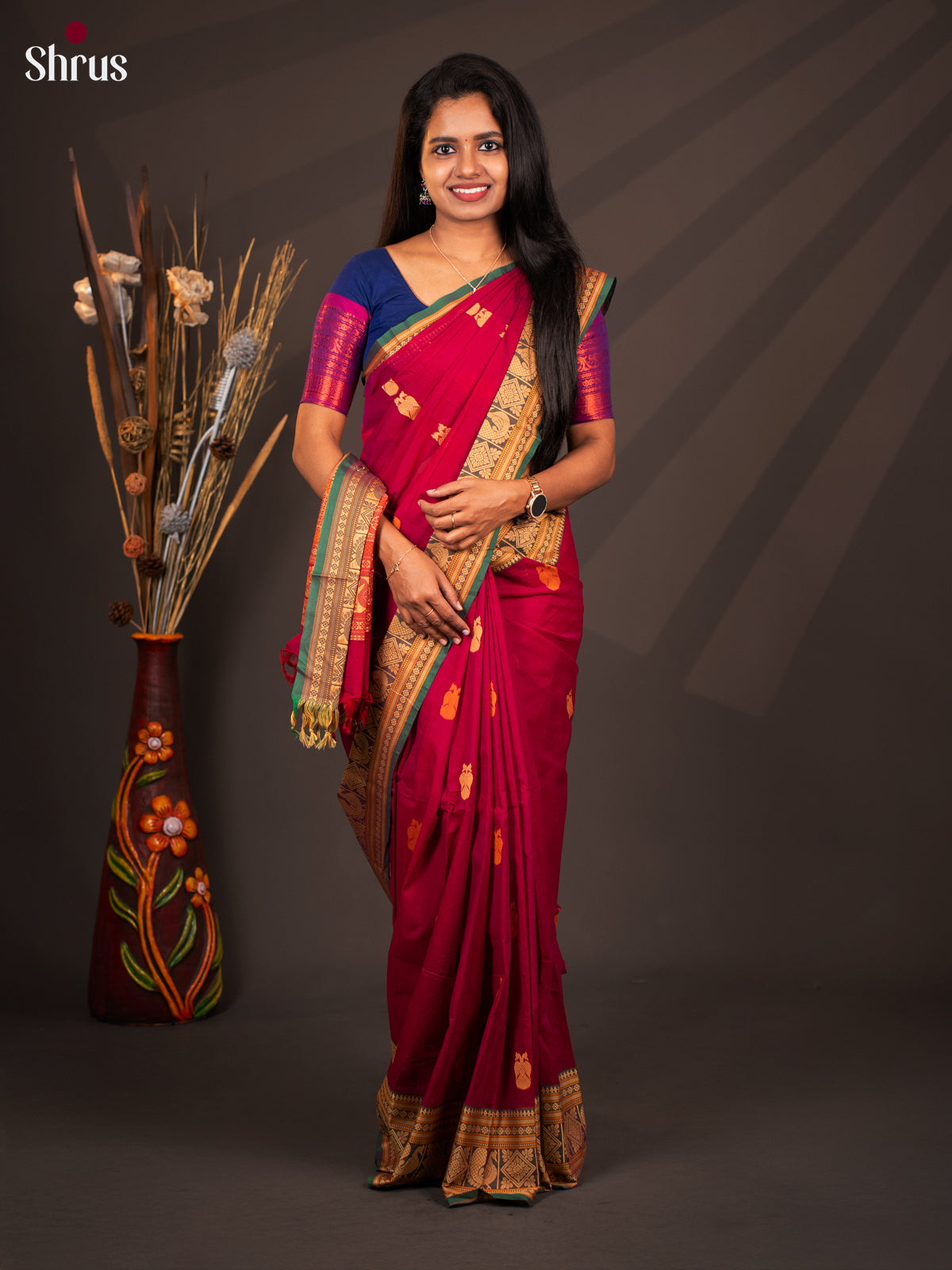 Maroon with Green - CIS28668 - Chettinad Cotton - Shop on Shrus.com