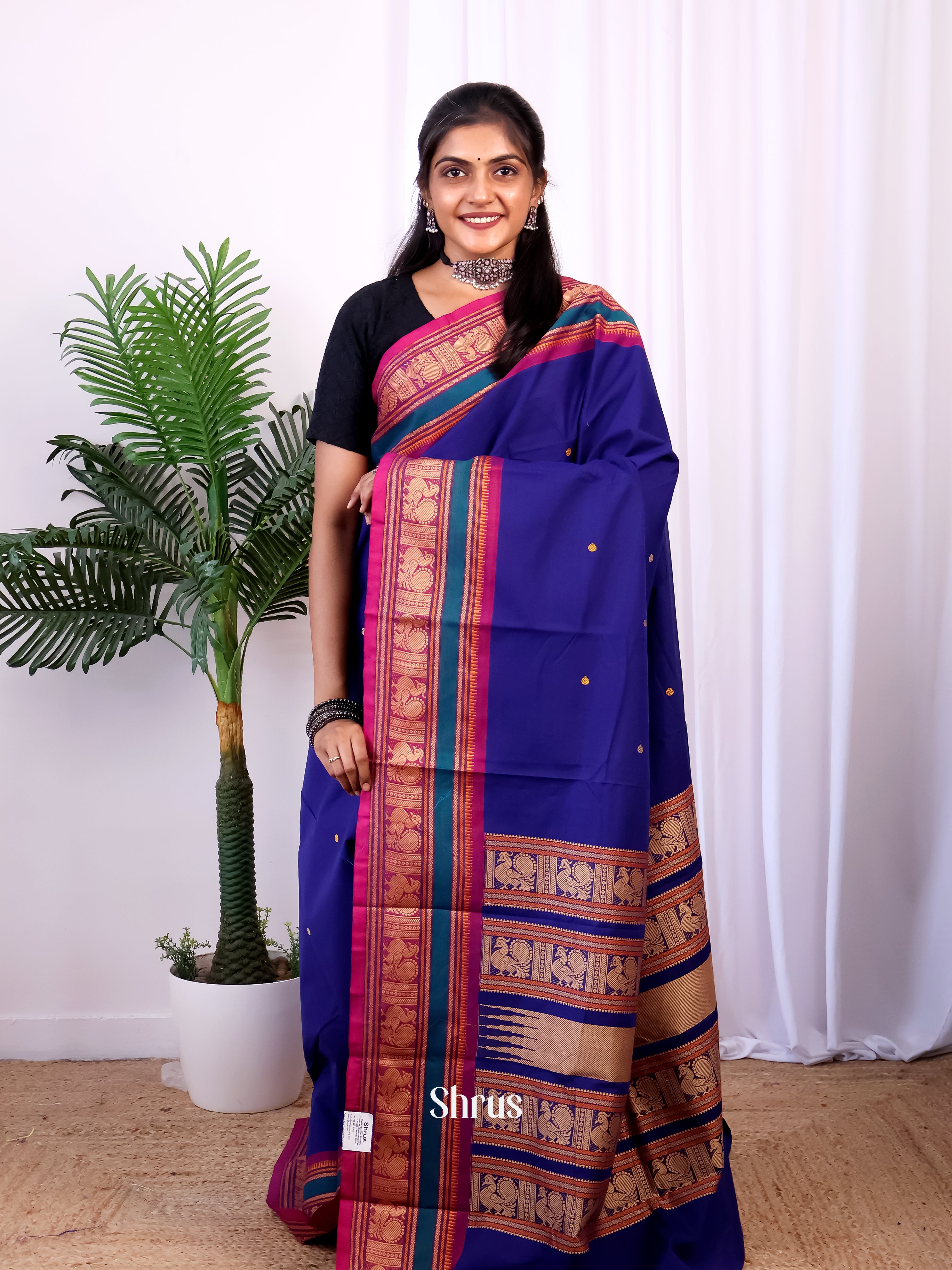 Blue & Majenta - Chettinad Cotton Saree - Shop on Shrus.com