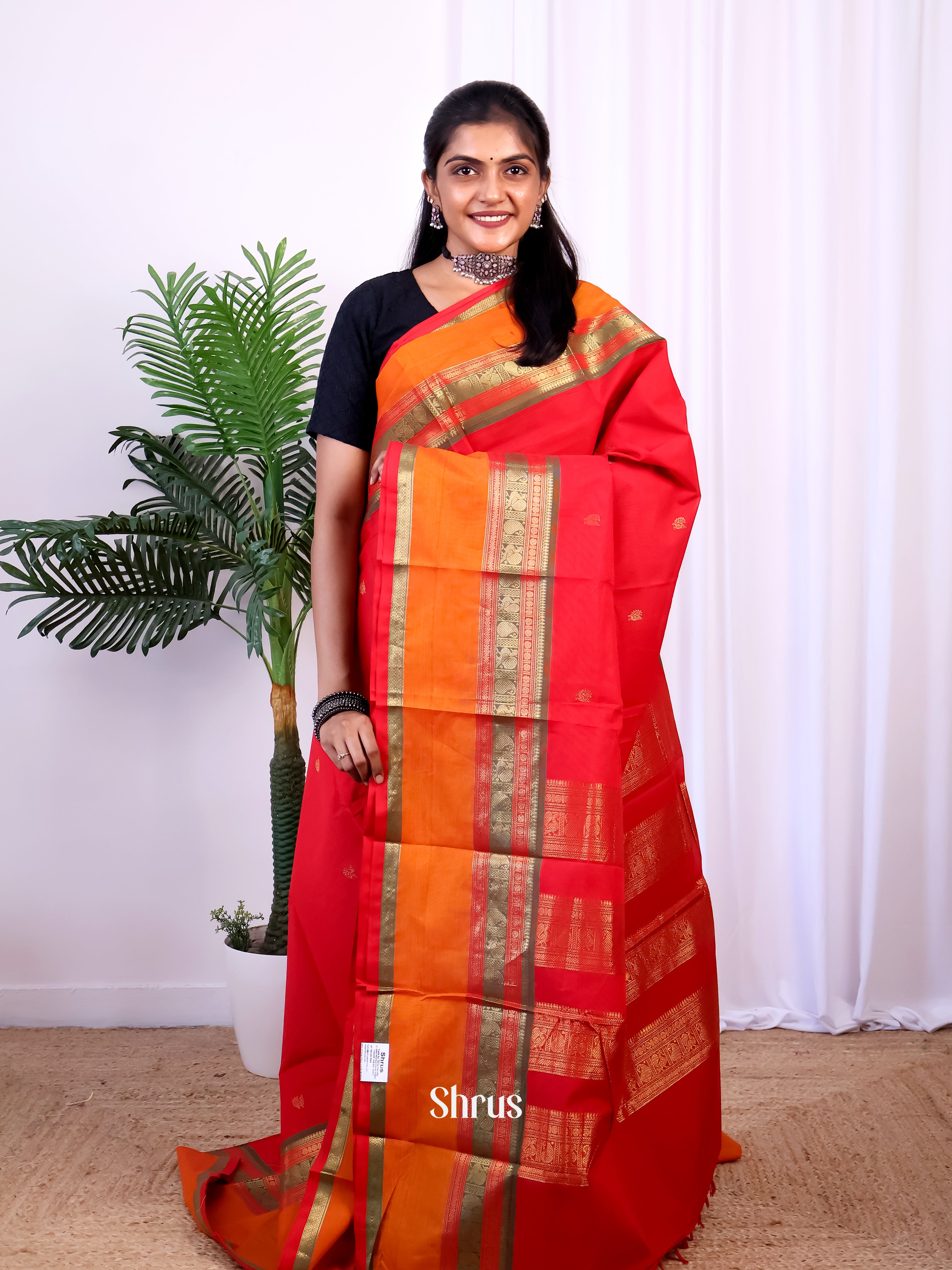 Red & Orange - Chettinad Cotton Saree - Shop on Shrus.com