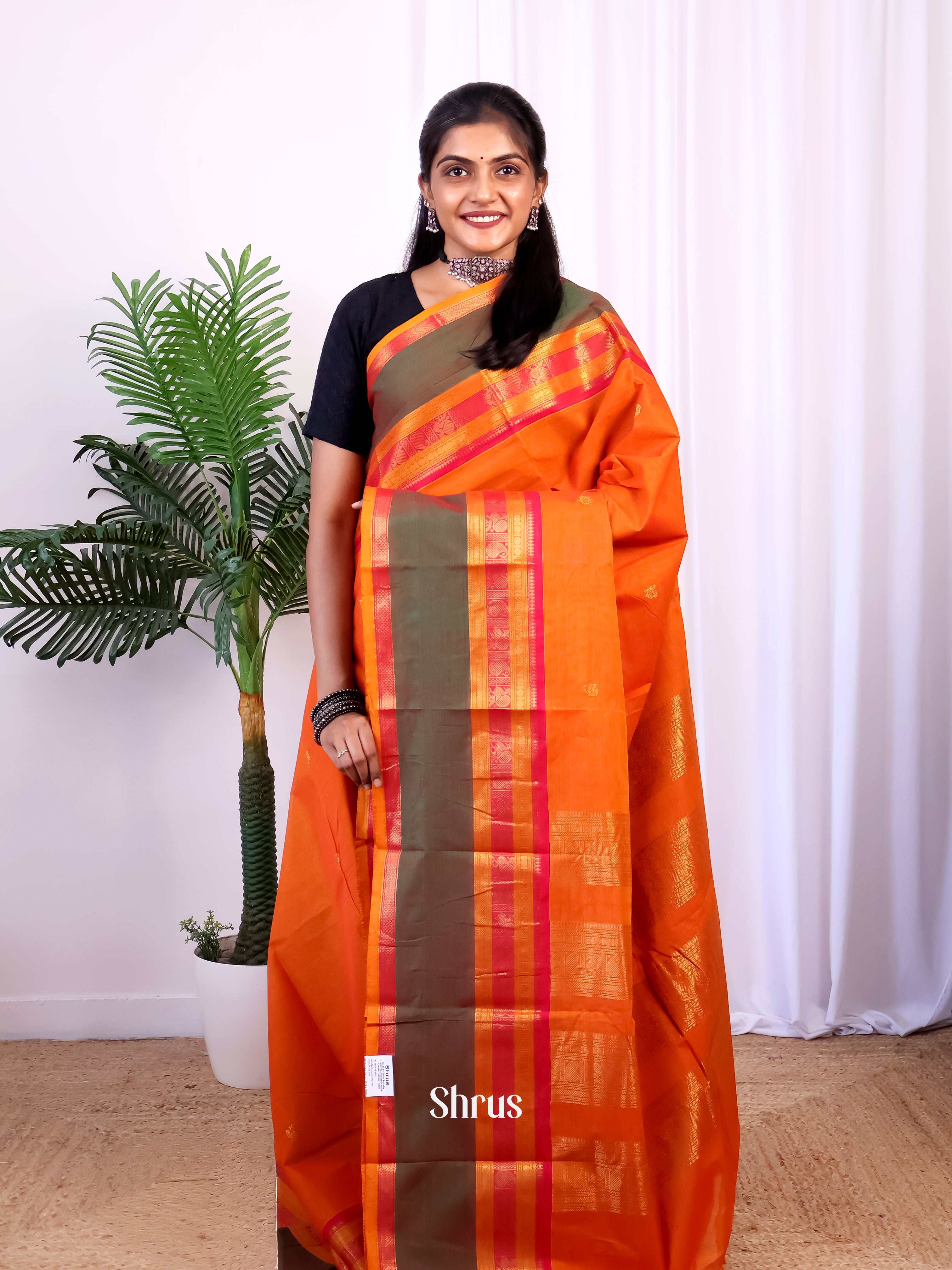 Orange & Pink - Chettinad Cotton Saree - Shop on Shrus.com