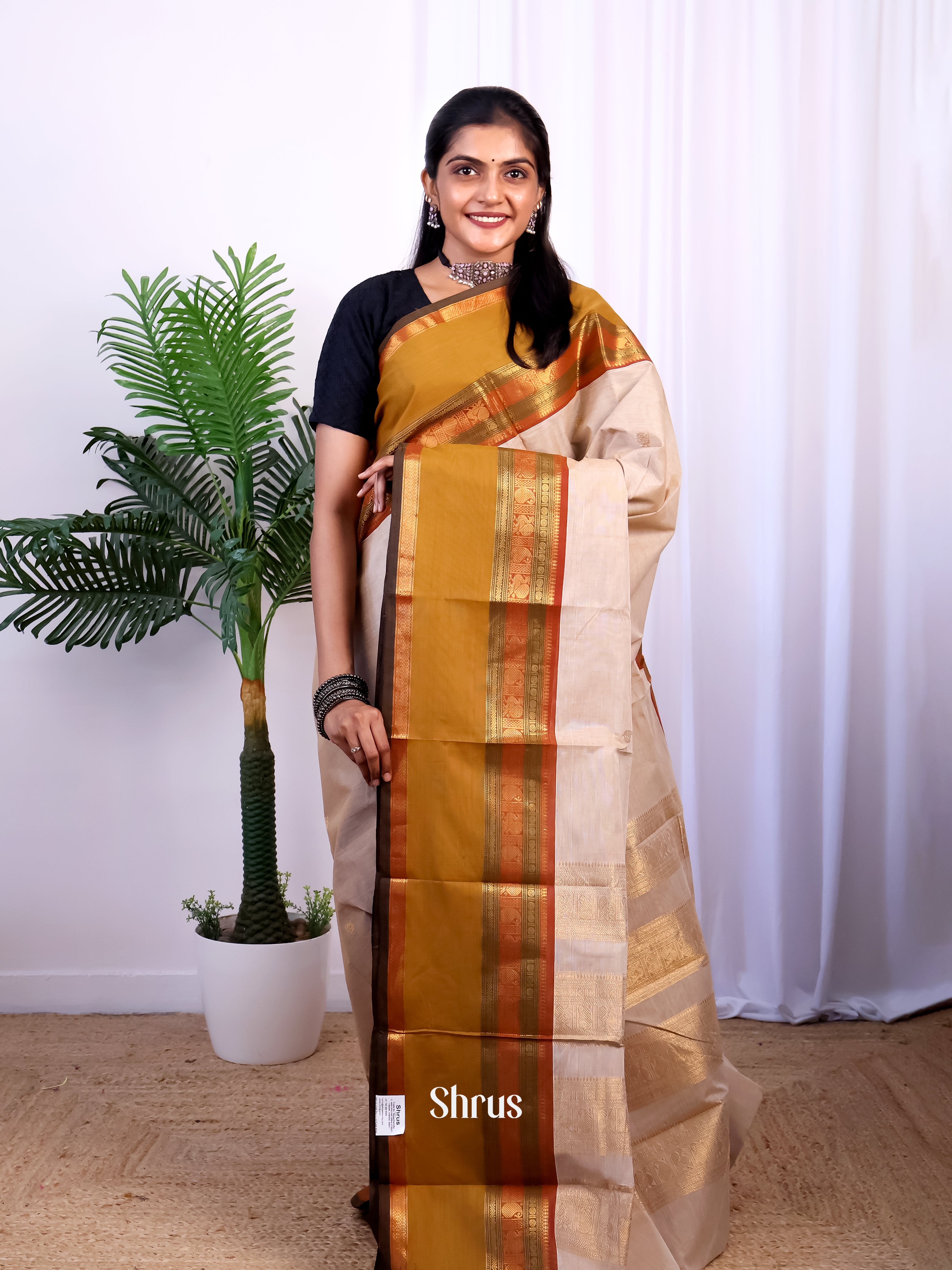 Cream & Brown - Chettinad Cotton Saree - Shop on Shrus.com