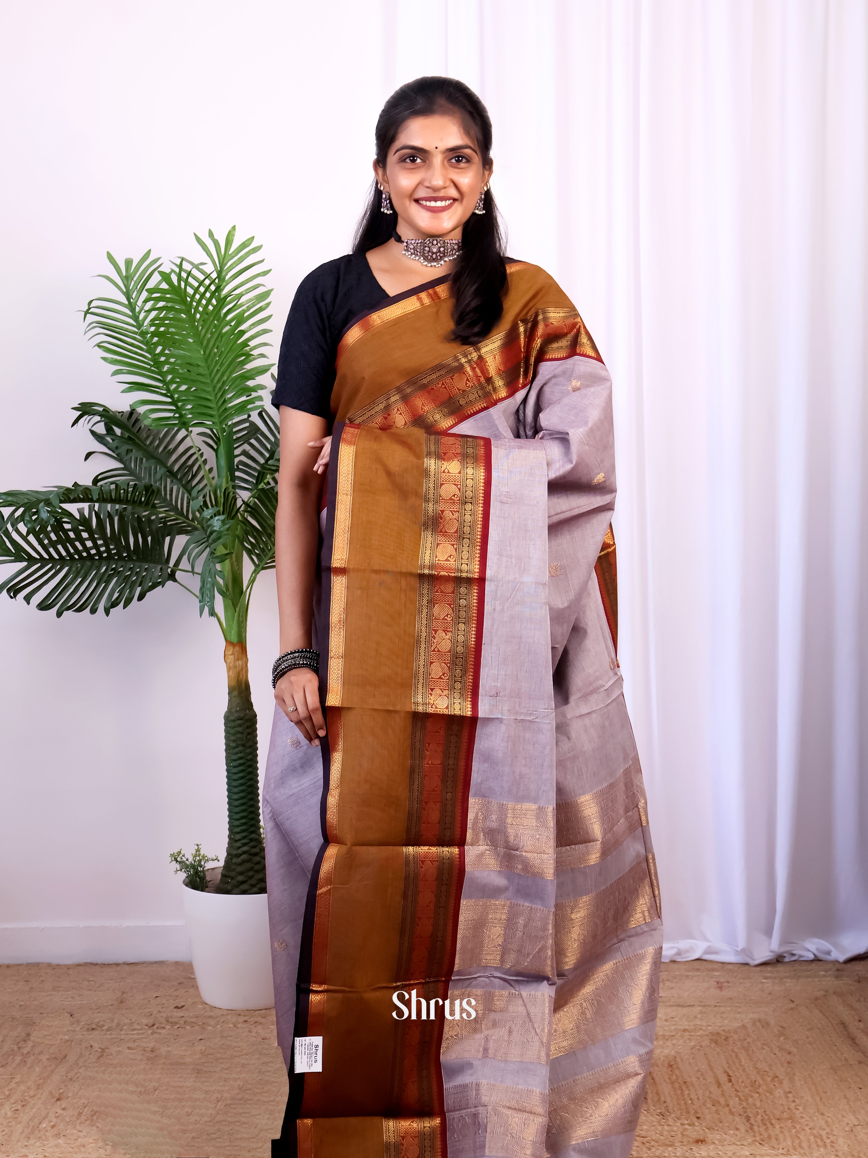 Grey & Brown - Chettinad Cotton Saree - Shop on Shrus.com