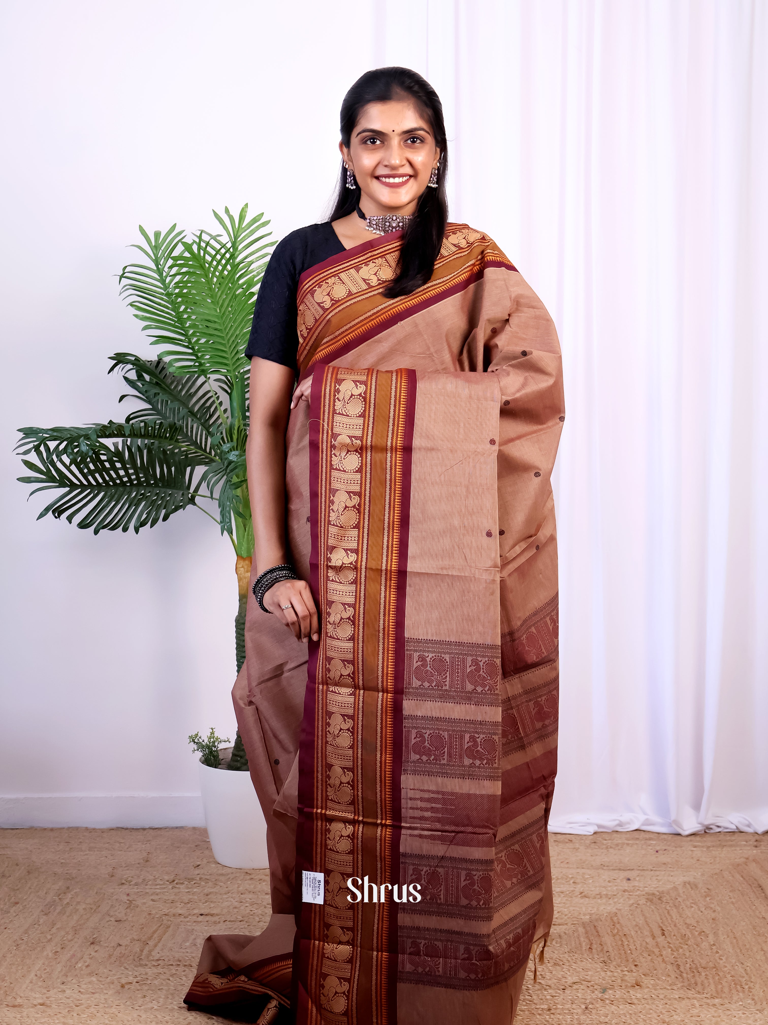 Brown - Chettinad Cotton Saree - Shop on Shrus.com