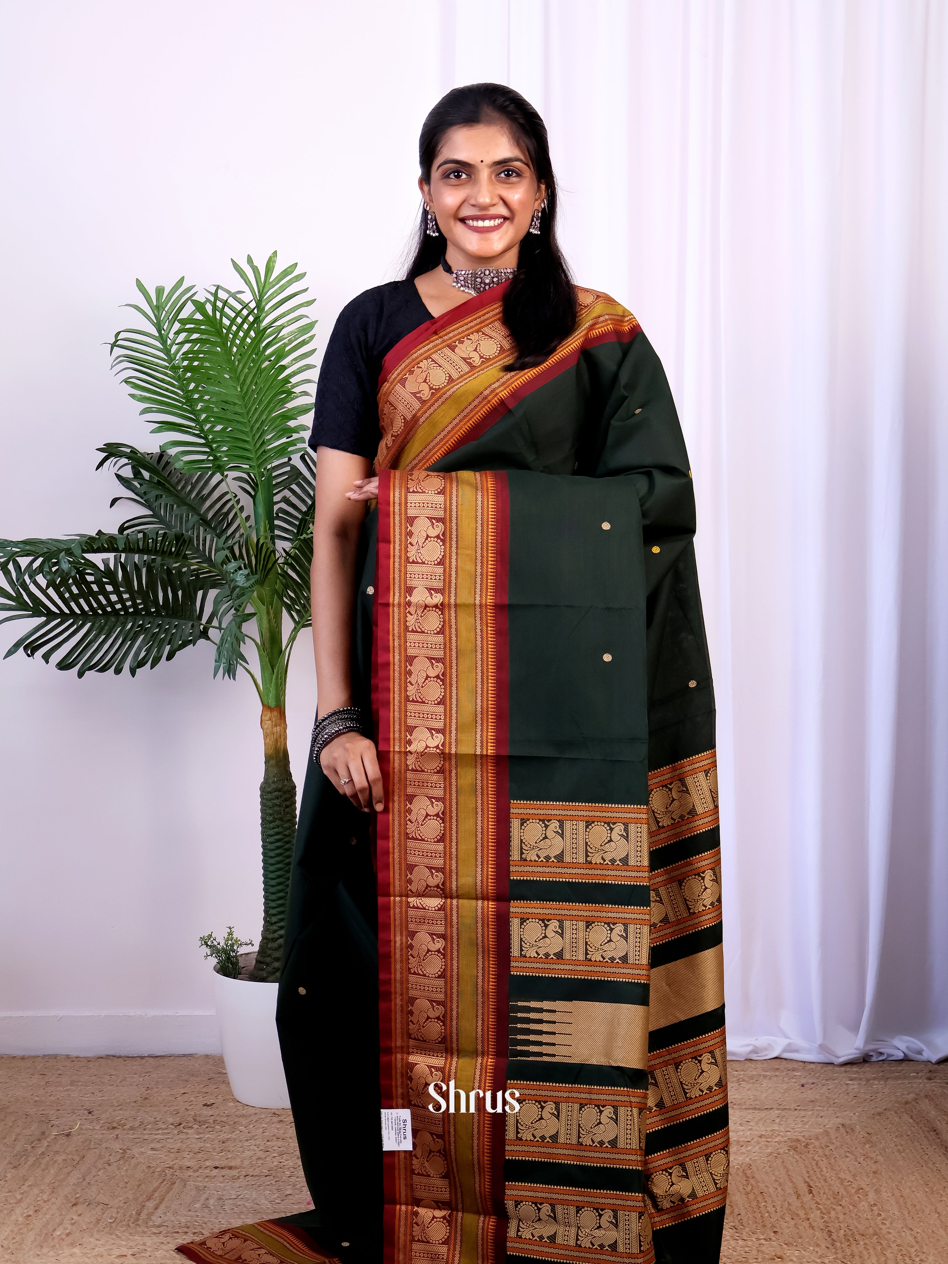 Bottle Green & Maroon- Chettinad Cotton Saree - Shop on Shrus.com