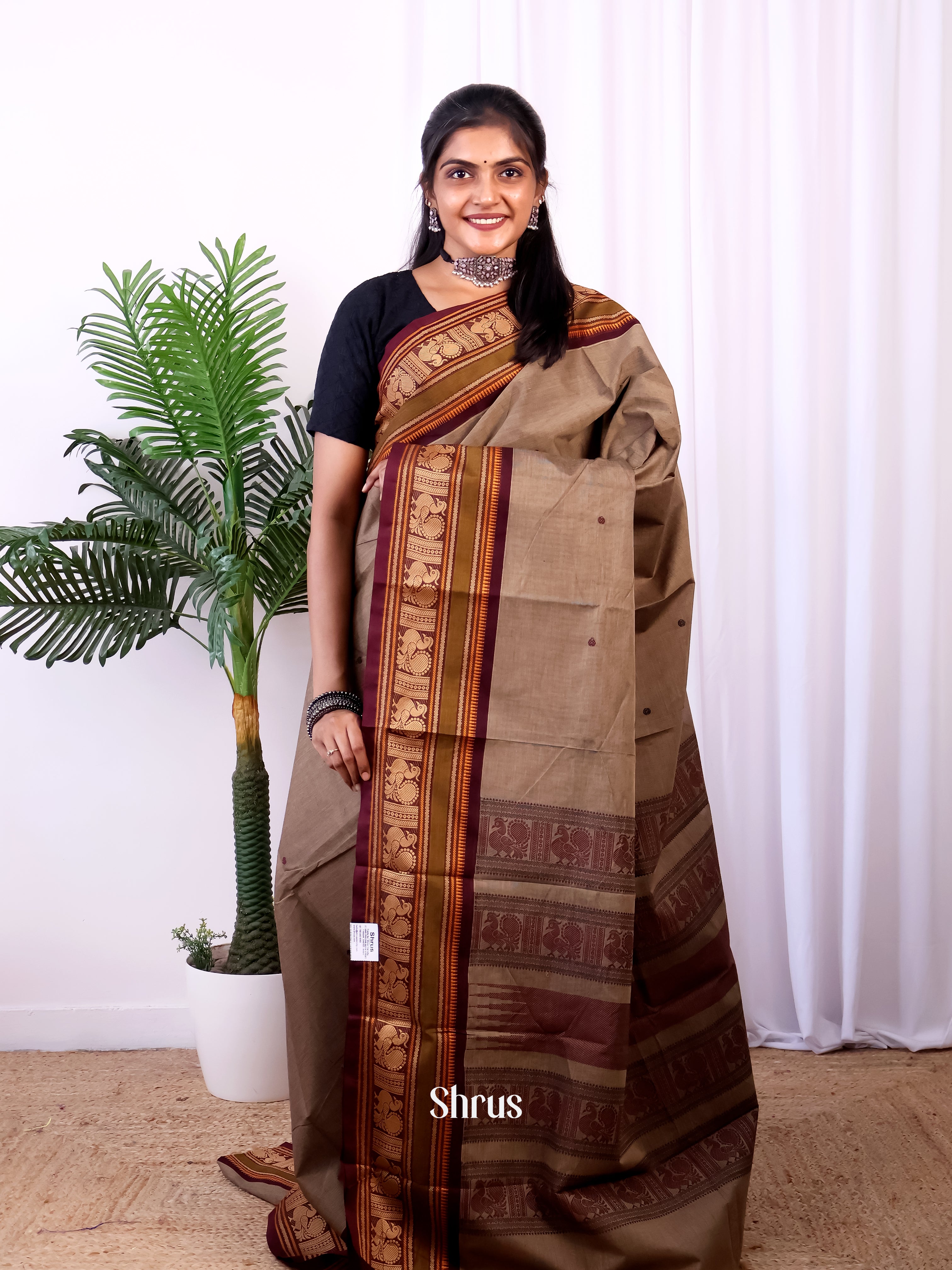 Grey & Brown - Chettinad Cotton Saree - Shop on Shrus.com