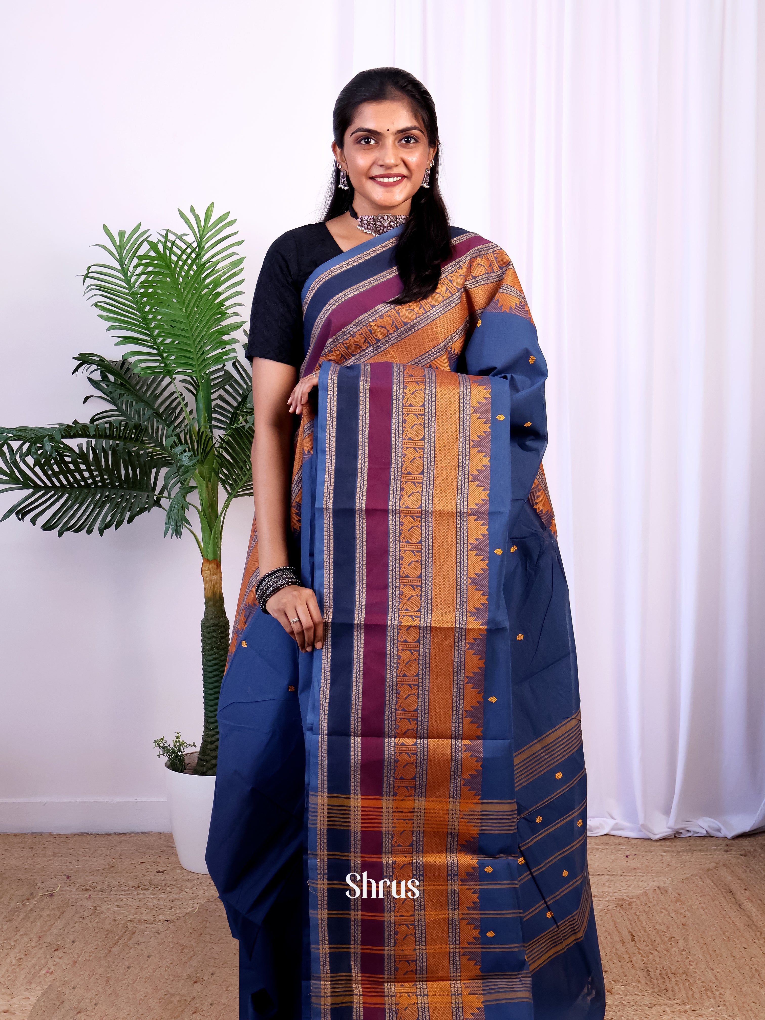 Blue & Purple - Chettinad Cotton Saree - Shop on Shrus.com