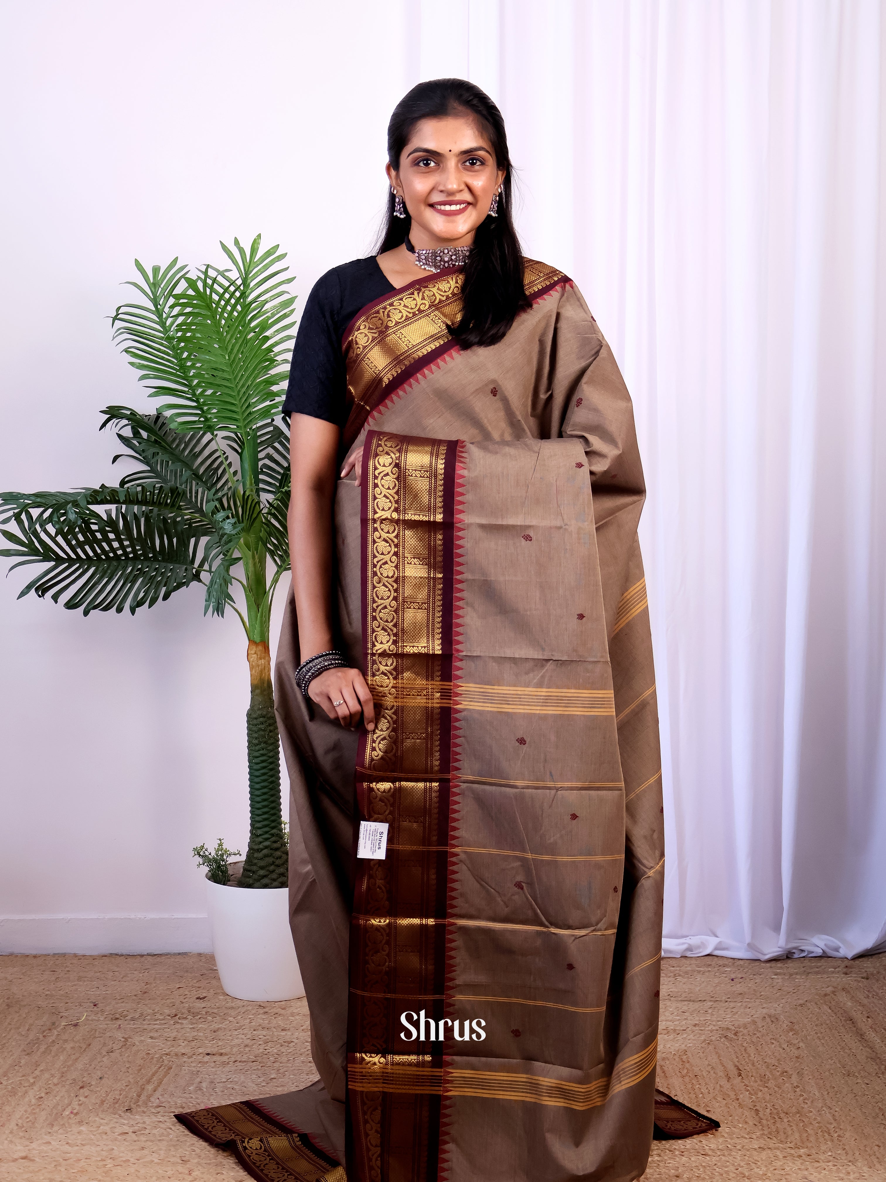 Grey & Brown- Chettinad Cotton Saree - Shop on Shrus.com
