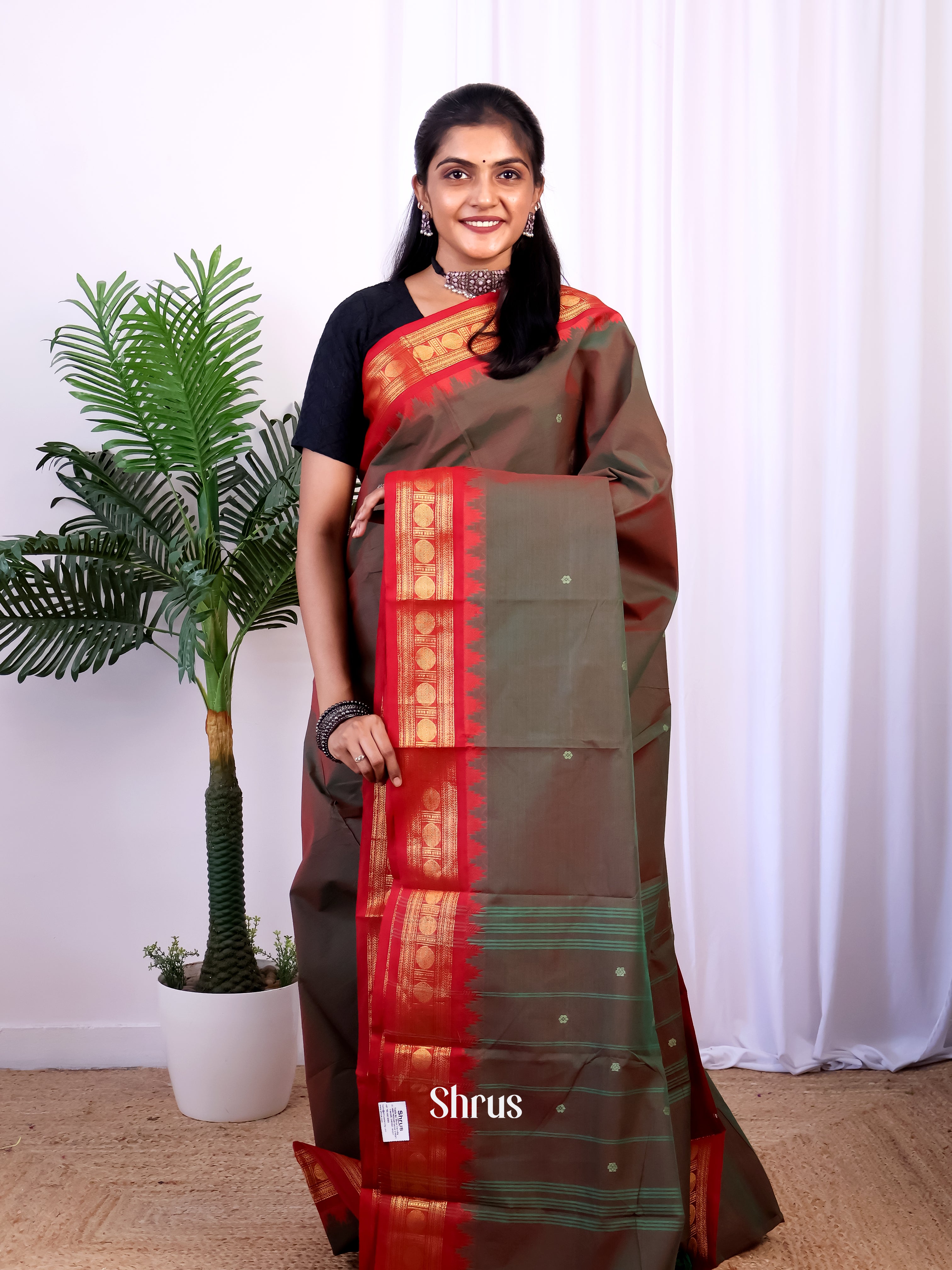 Double Shaded Grey & Red - Chettinad Cotton Saree - Shop on Shrus.com