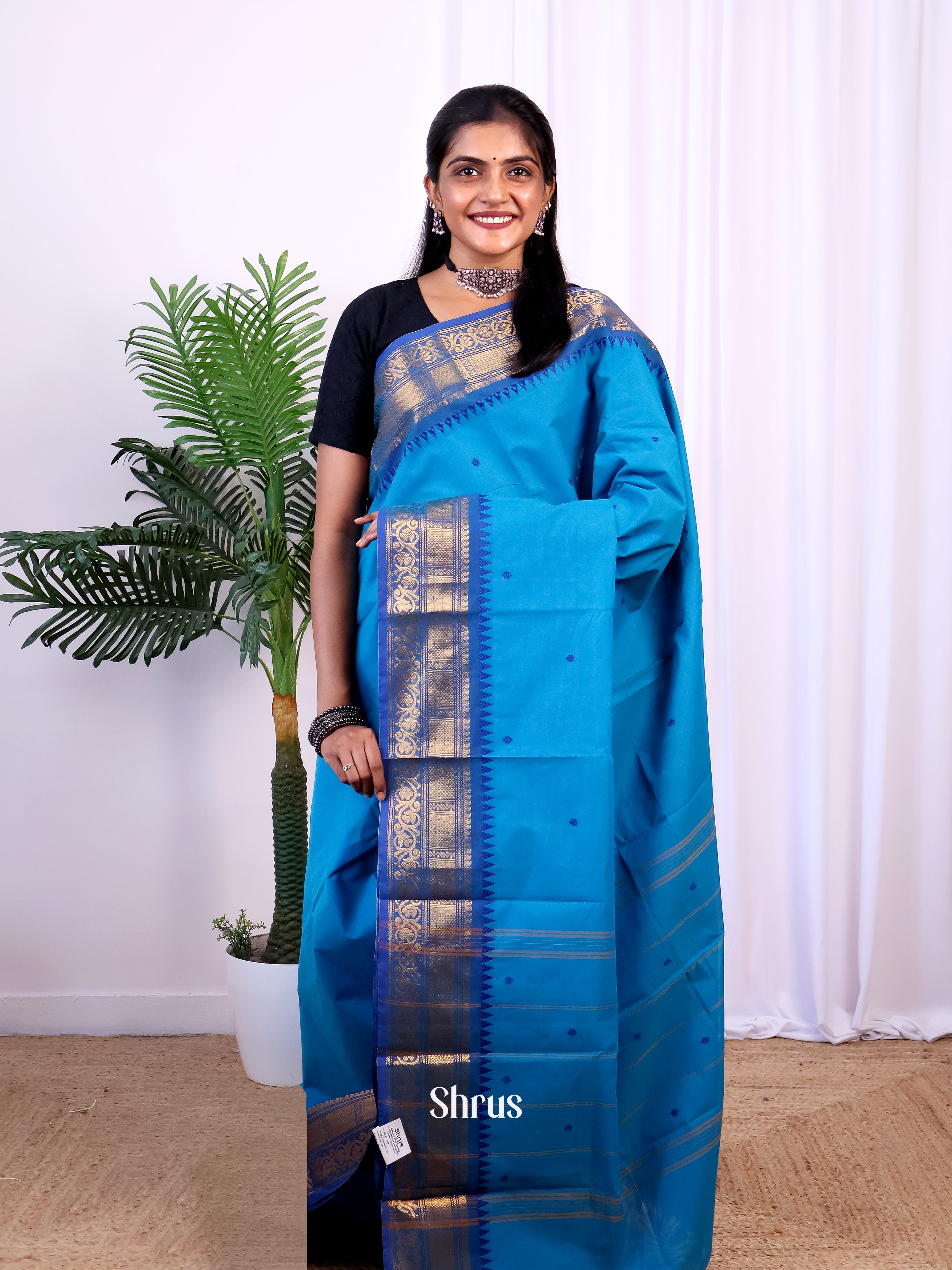 Teal & Blue - Chettinad Cotton Saree - Shop on Shrus.com