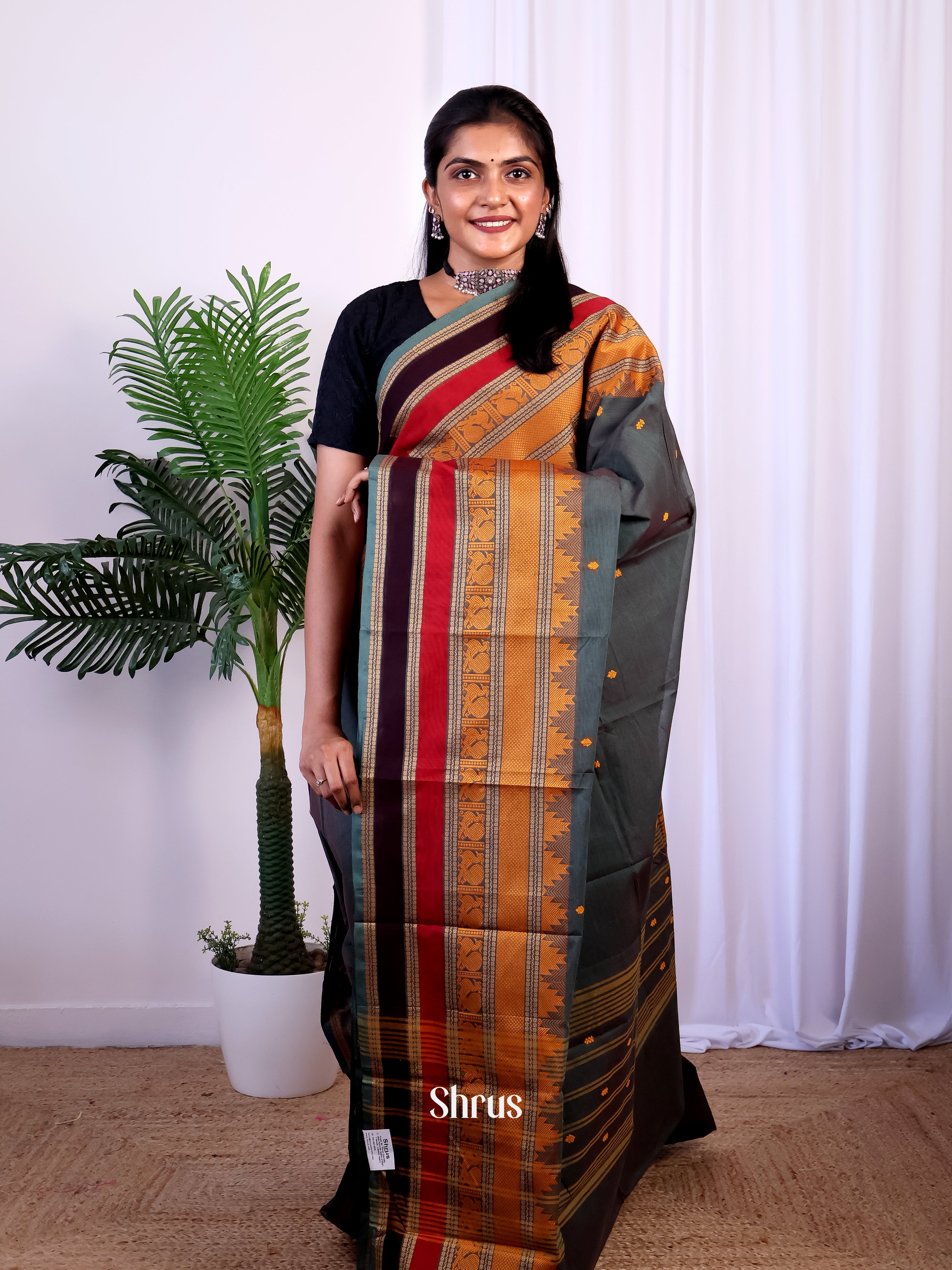 Grey& Black - Chettinad Cotton Saree - Shop on Shrus.com
