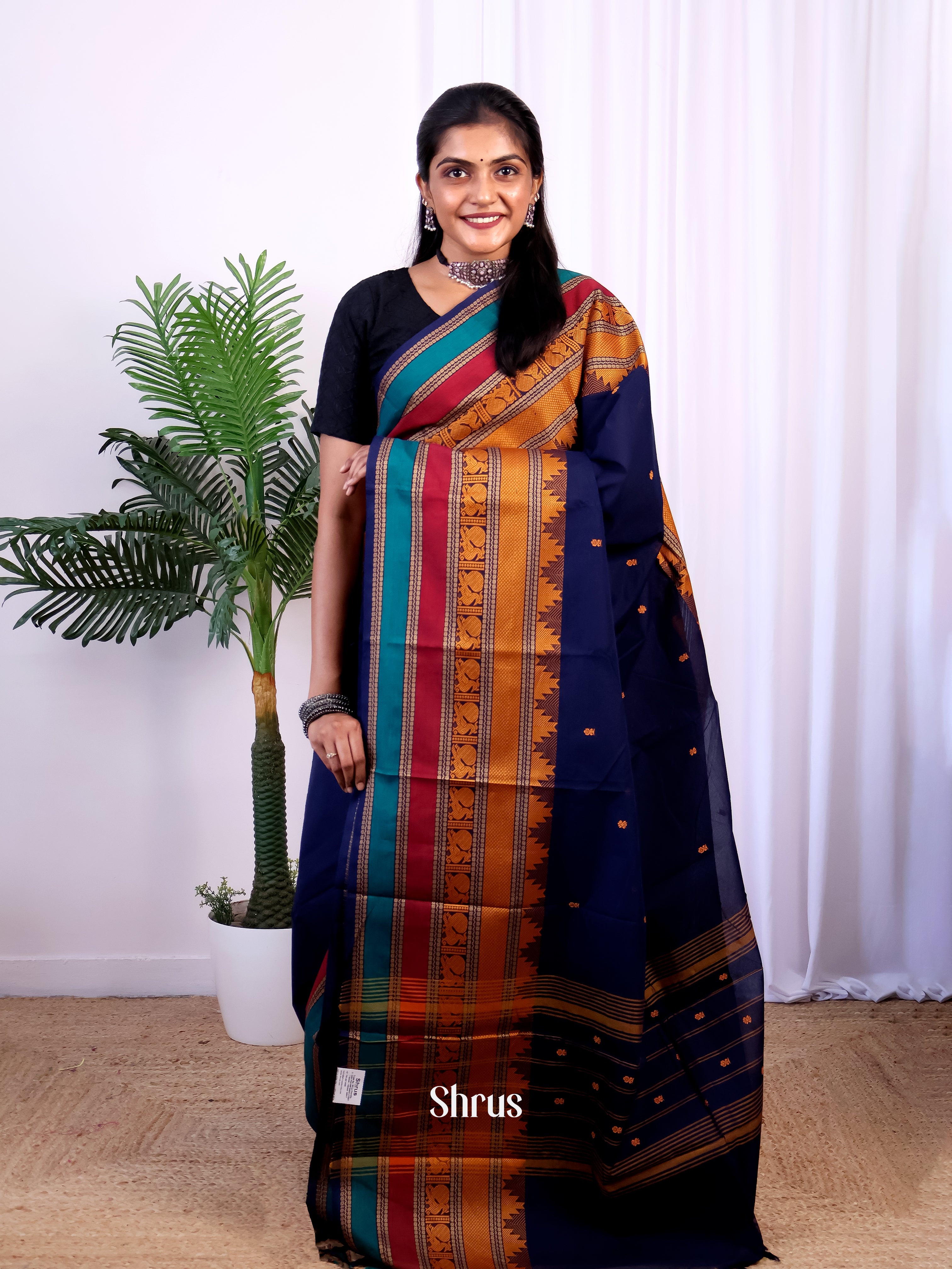 Dark Blue & Red - Chettinad Cotton Saree - Shop on Shrus.com