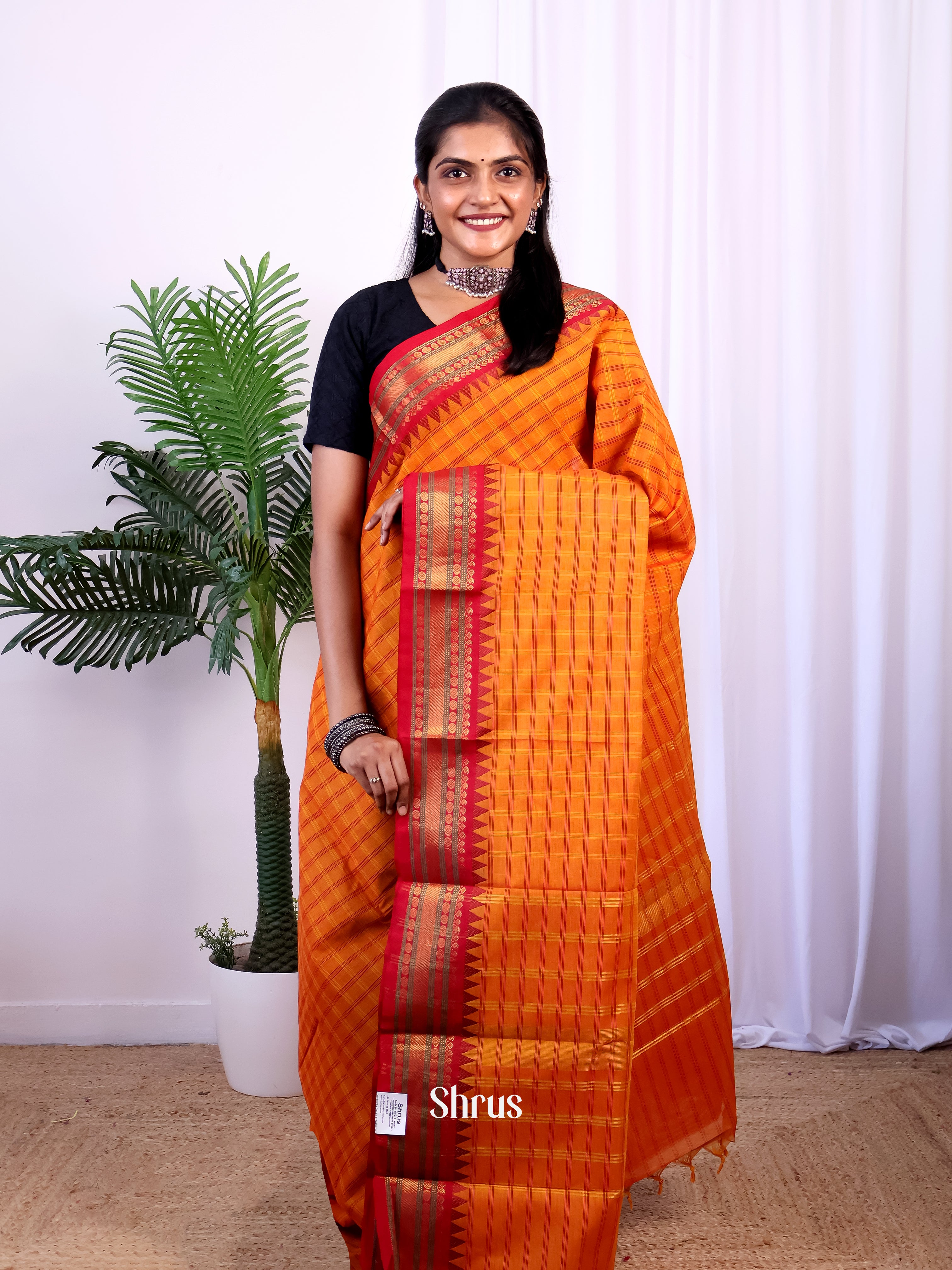 Orange & Red - Chettinad Cotton Saree - Shop on Shrus.com