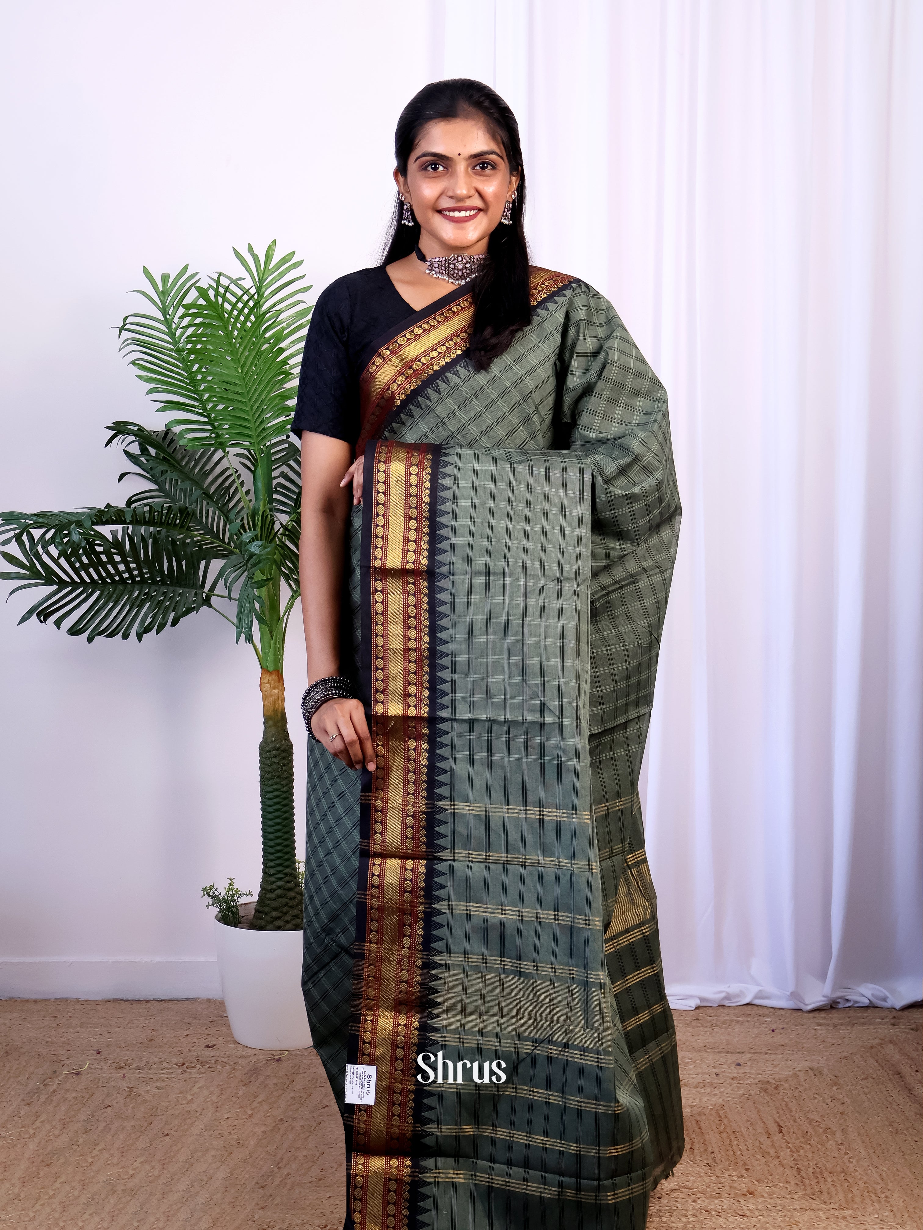 Grey & Black- Chettinad Cotton Saree - Shop on Shrus.com