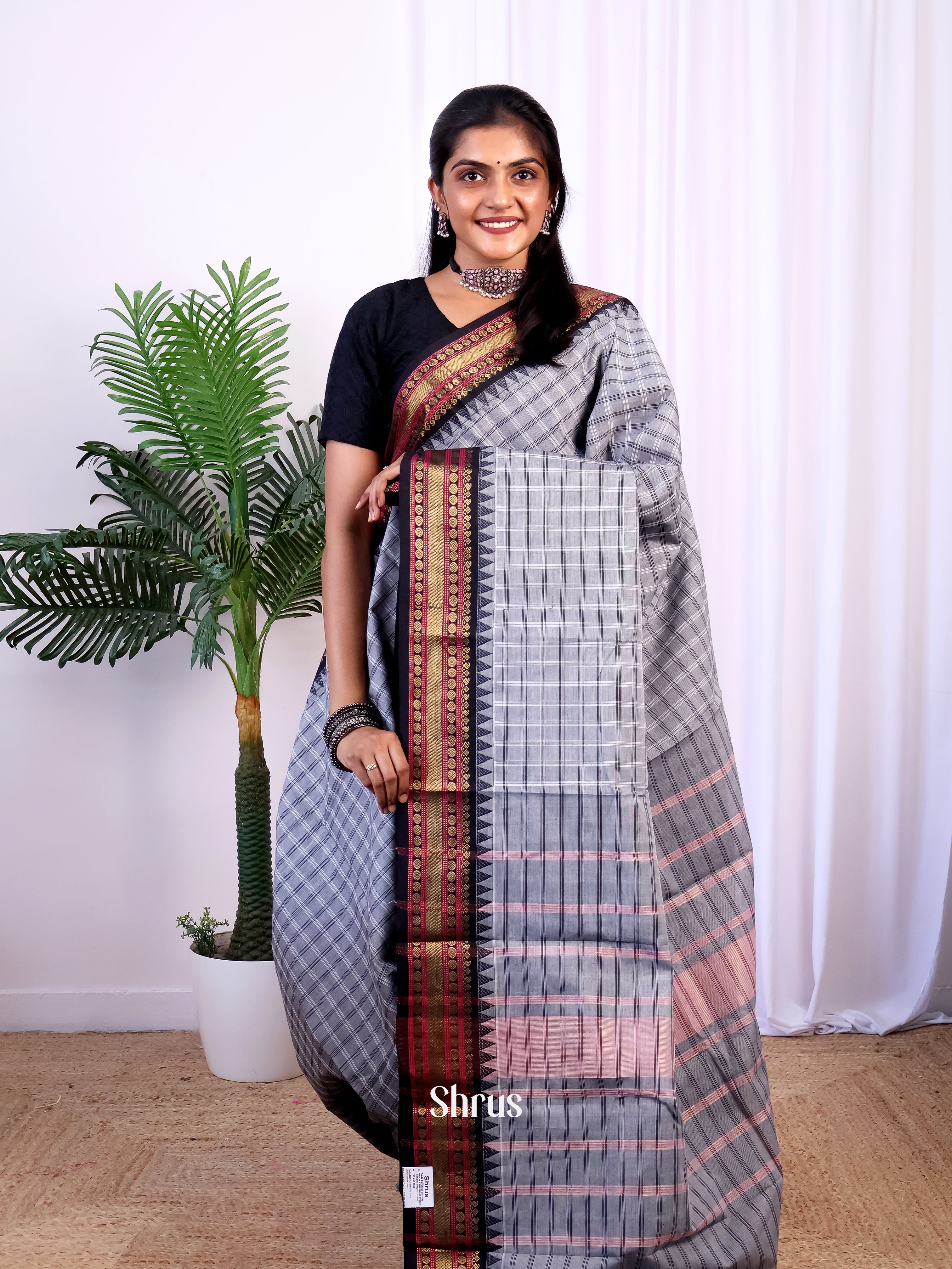 Grey & Black - Chettinad Cotton Saree - Shop on Shrus.com