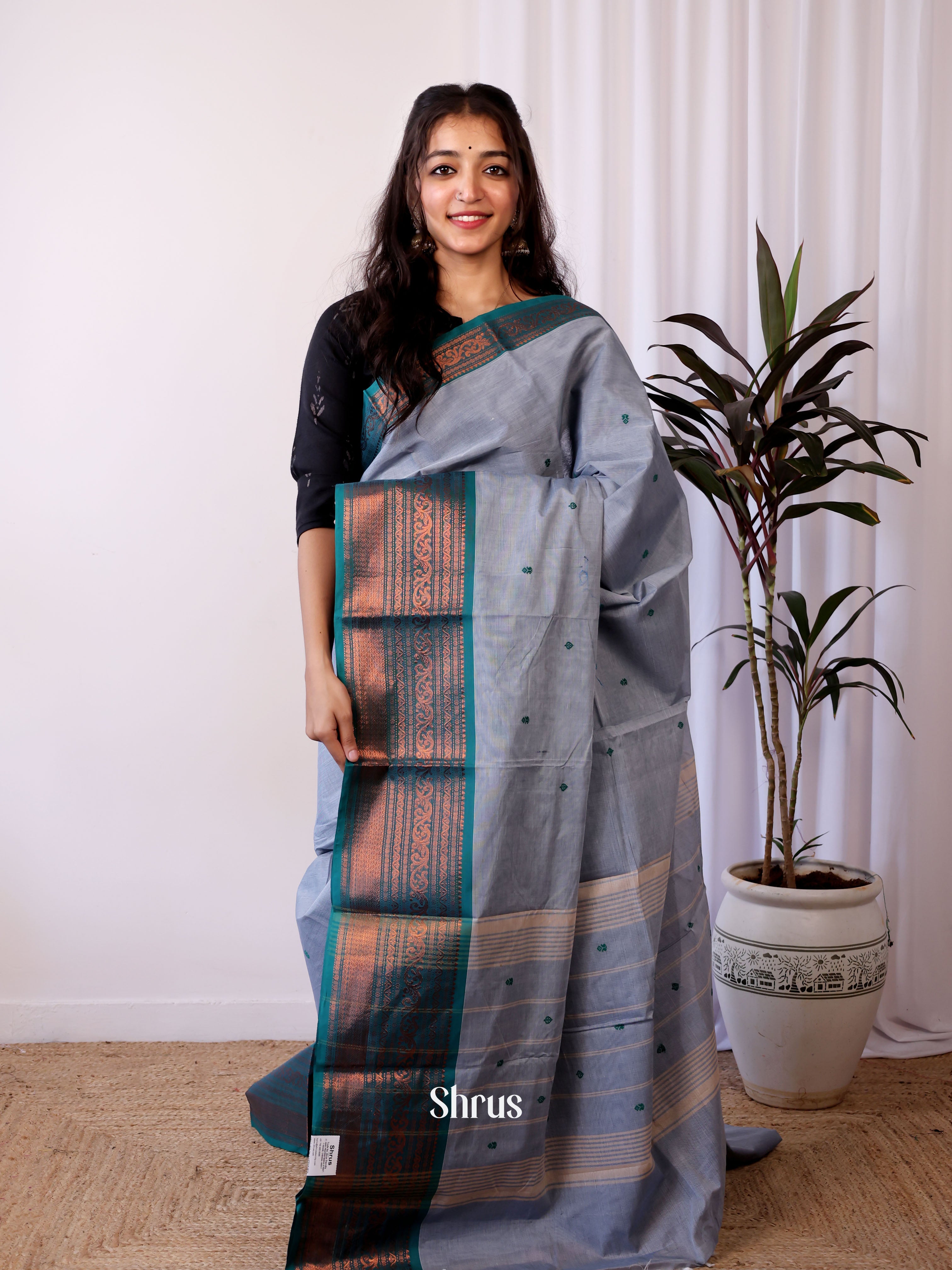 Grey & Green - Chettinad Cotton Saree - Shop on Shrus.com