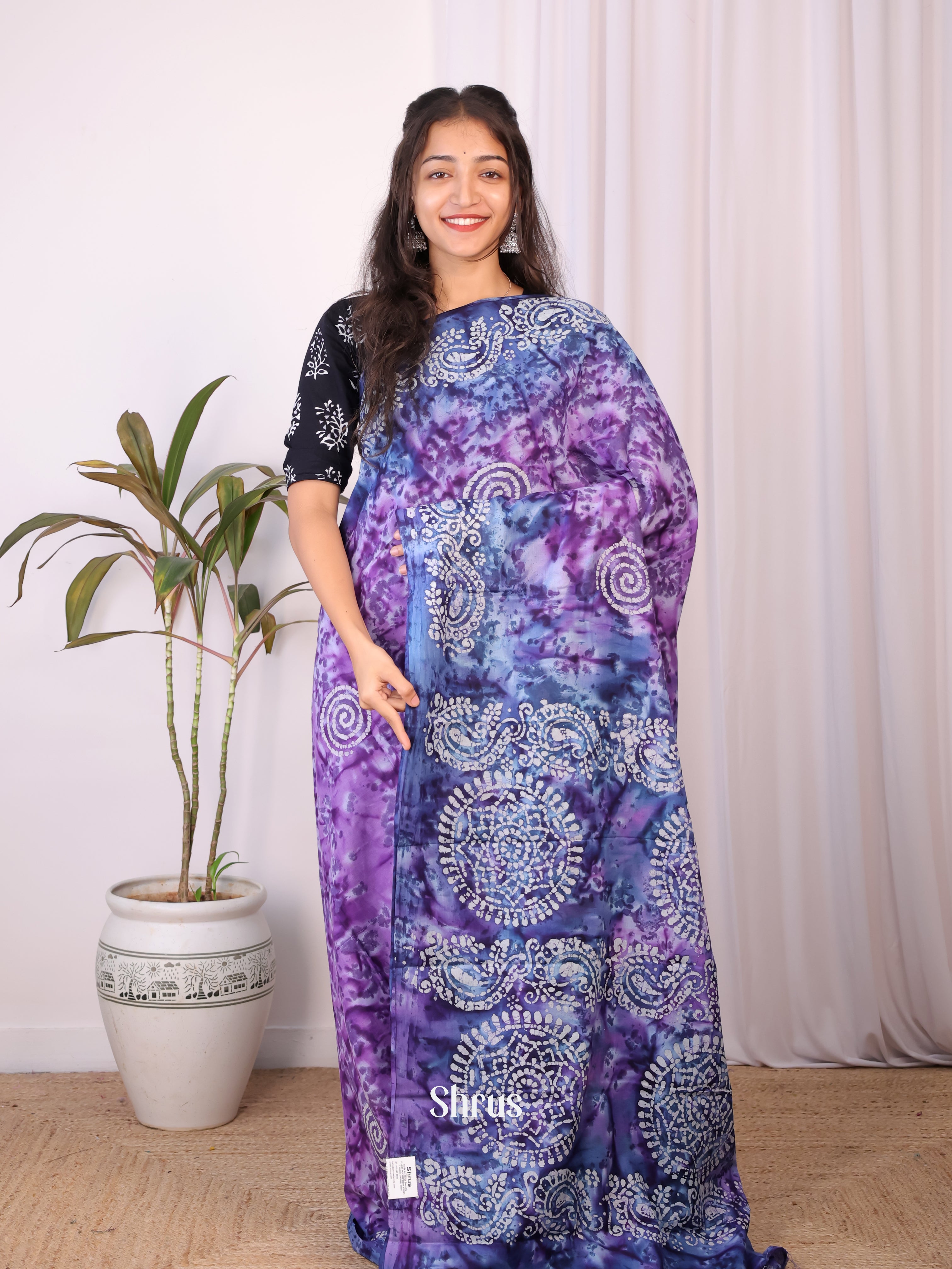 Purple & Blue - Cotton Saree - Shop on Shrus.com