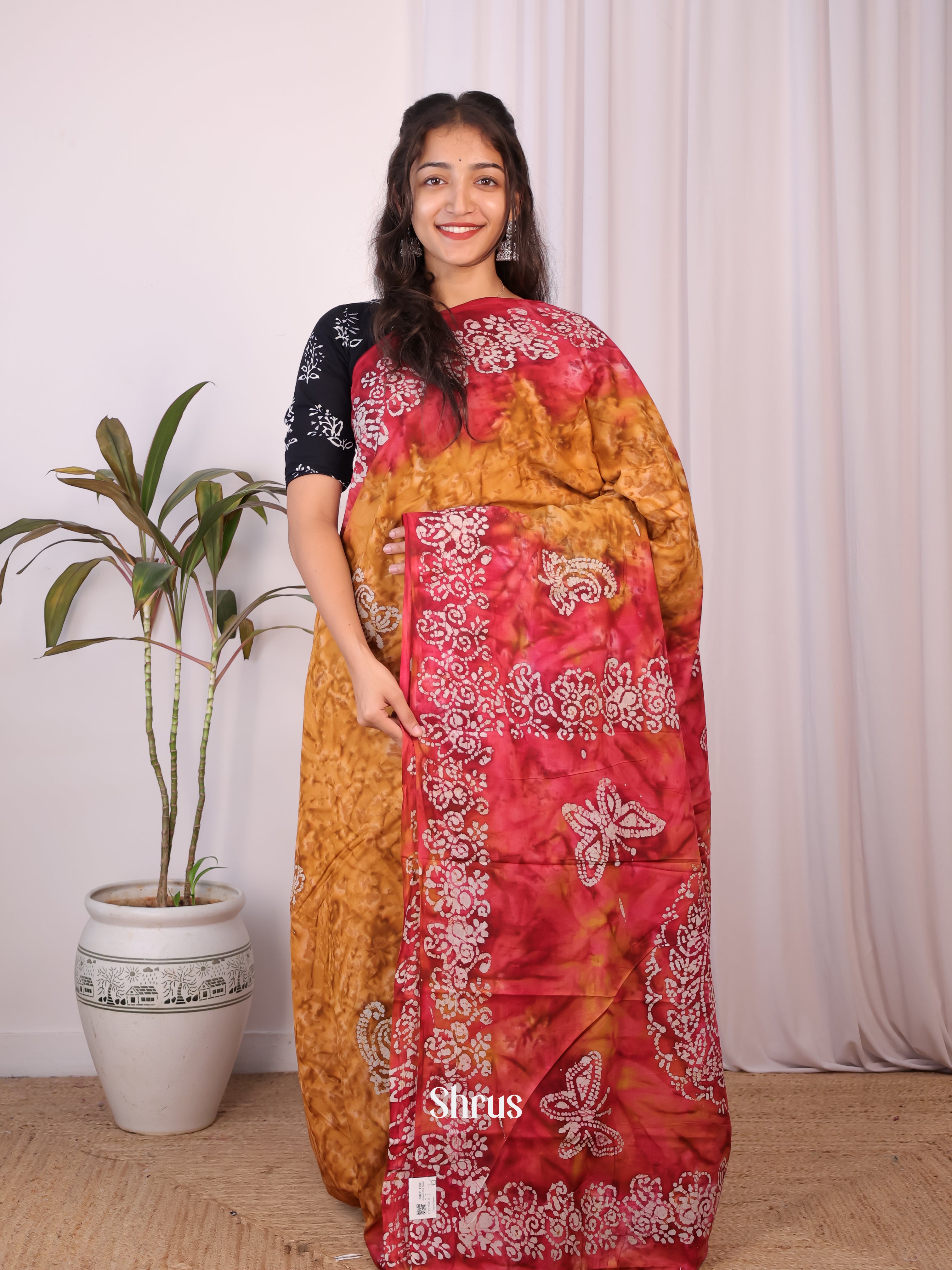 Mustard & Red- Cotton Saree - Shop on Shrus.com