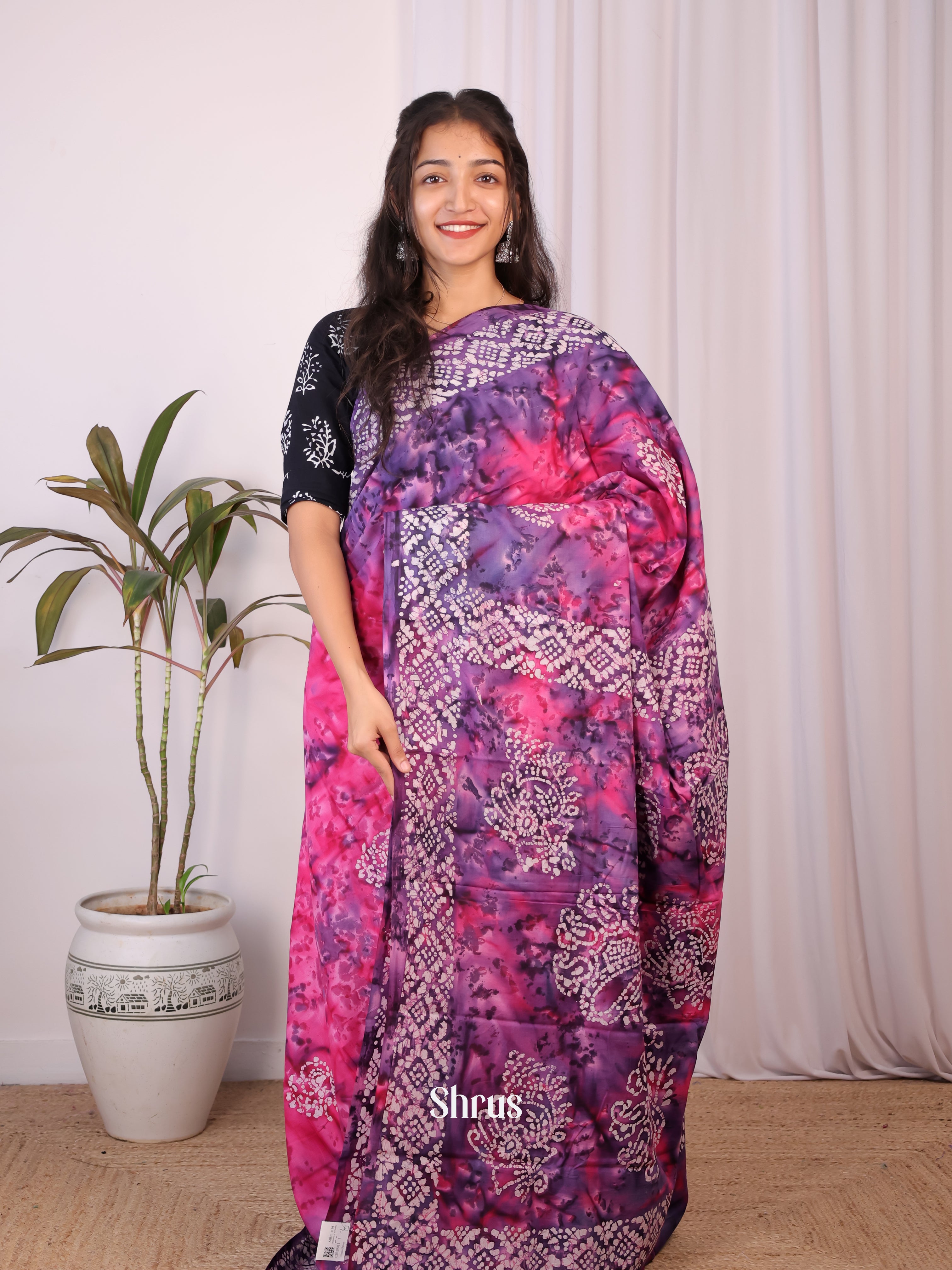 Pink & Purple- Cotton Saree - Shop on Shrus.com