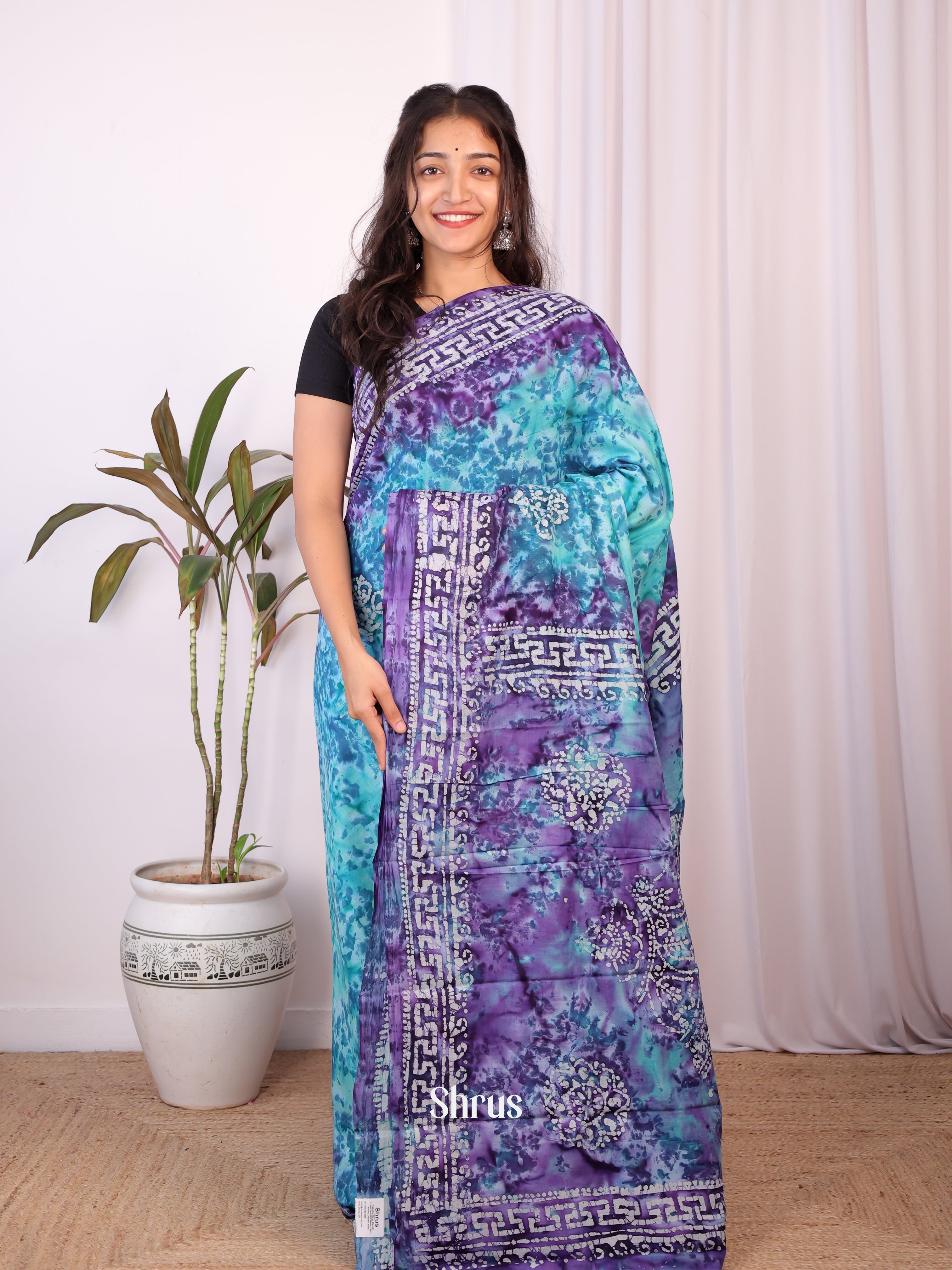 Blue & Purple - Cotton Saree - Shop on Shrus.com