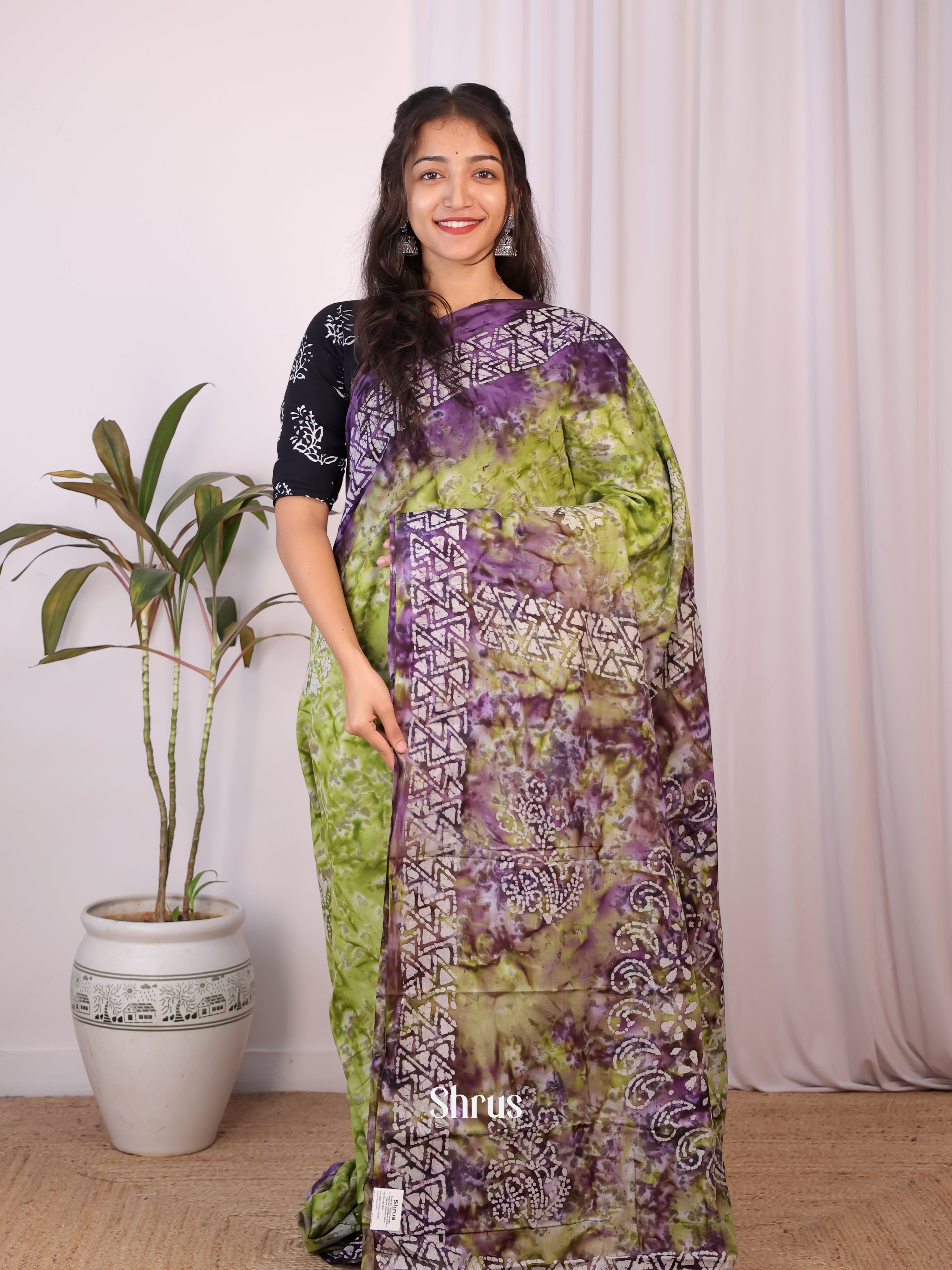 Green & Purple- Cotton Saree - Shop on Shrus.com