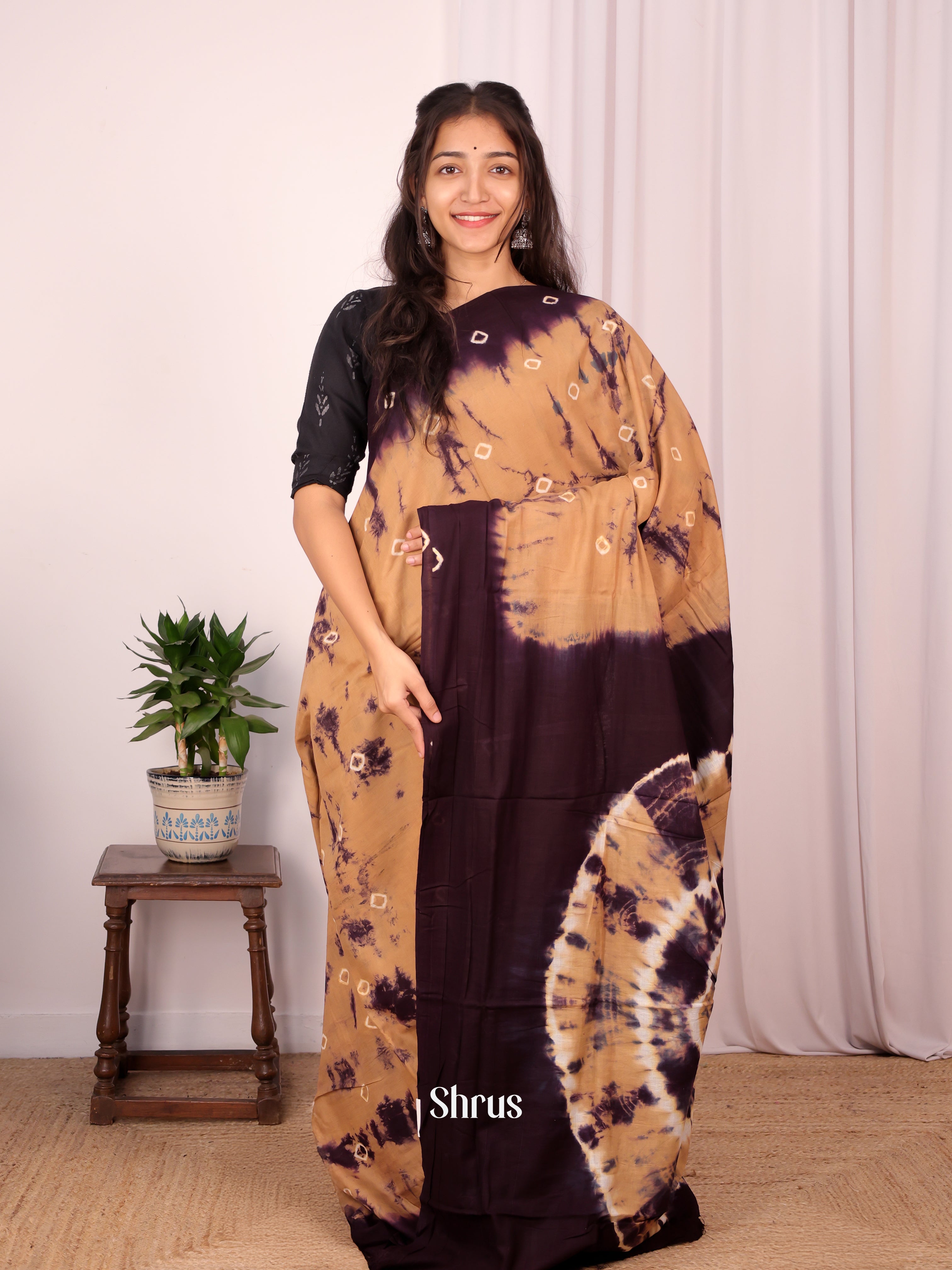 Biscuit & Dark Purple- Cotton Saree - Shop on Shrus.com