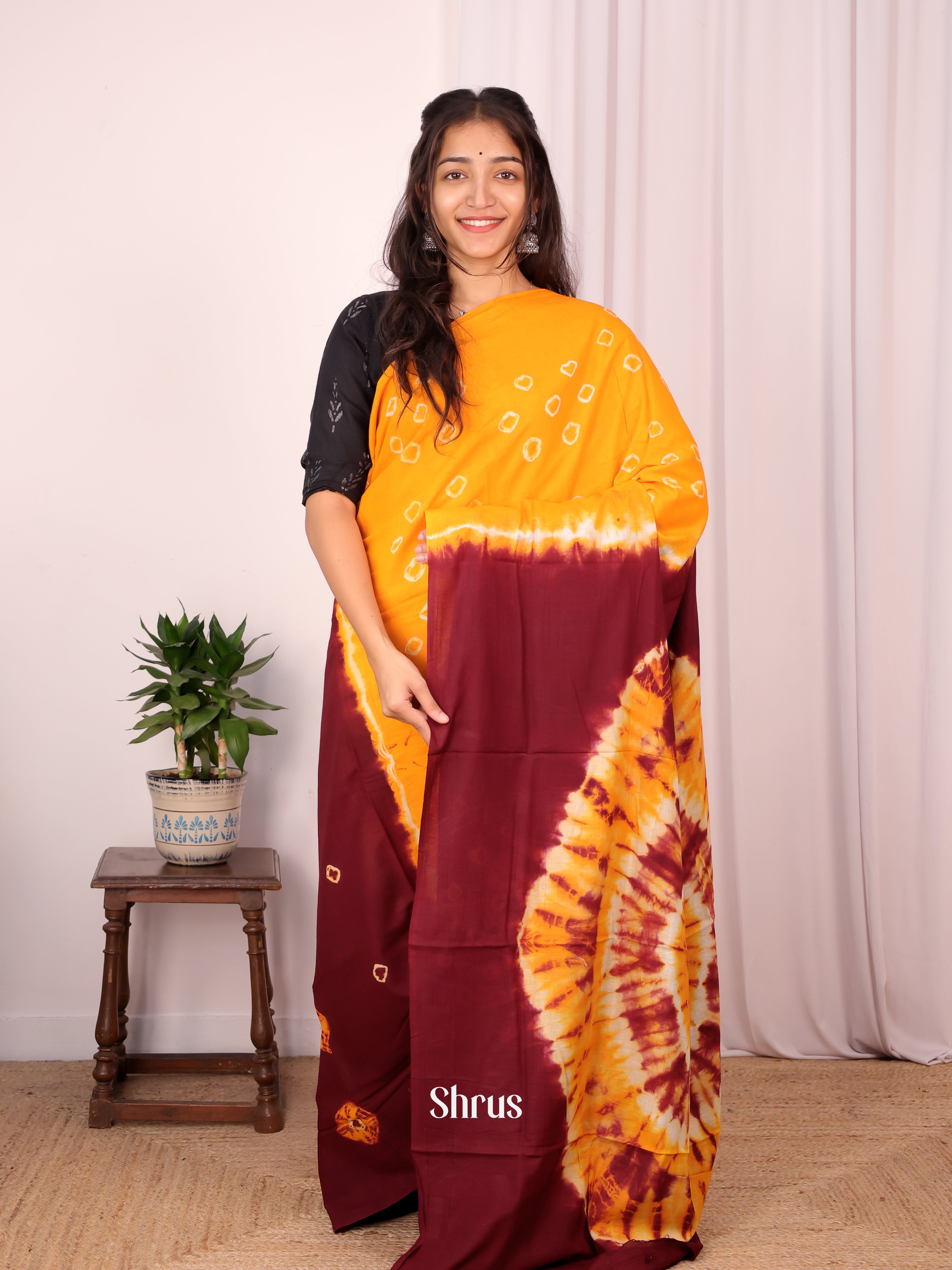 Mustard & Maroon - Cotton Saree - Shop on Shrus.com