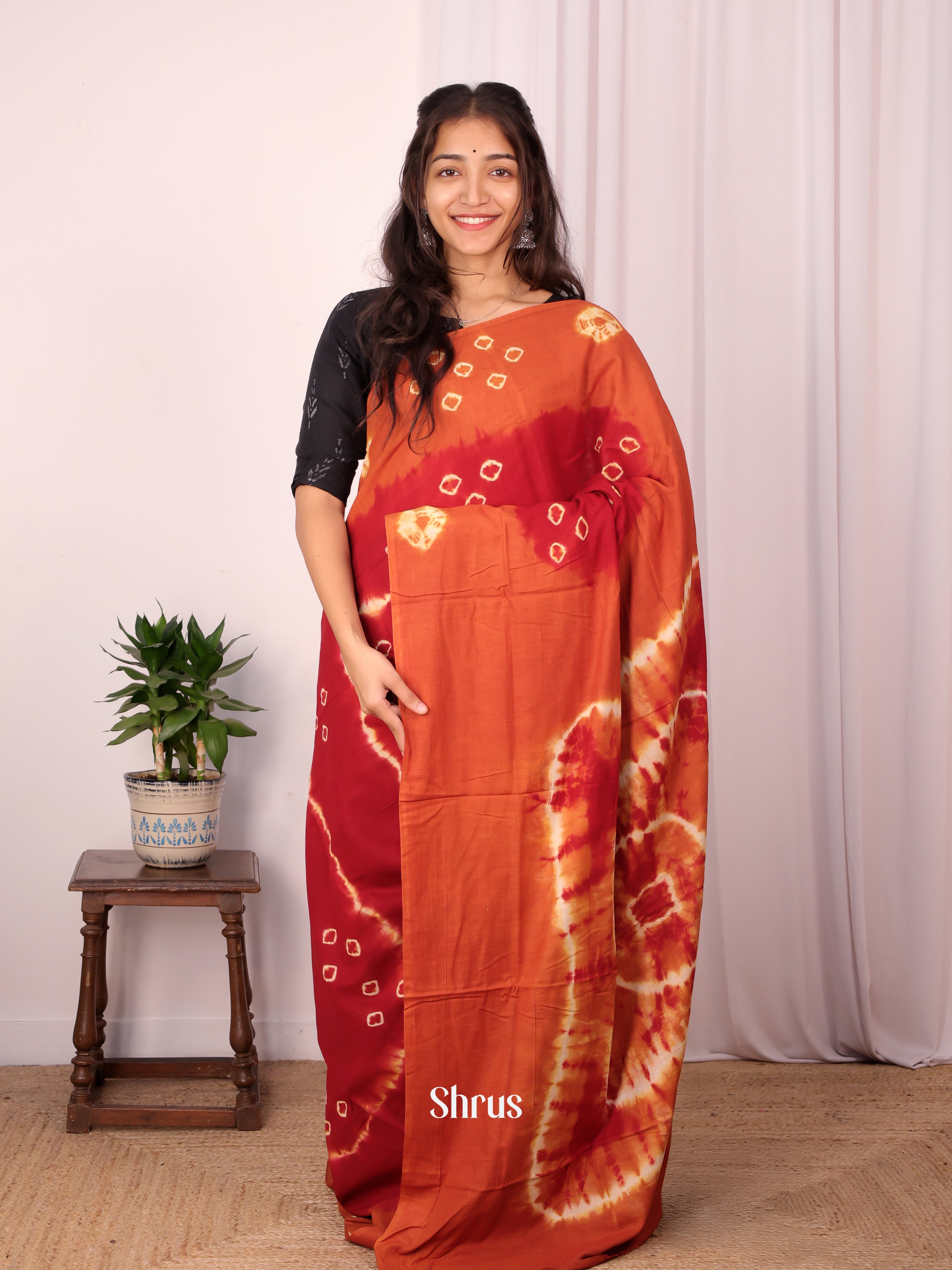 Maroon & Brick- Cotton Saree - Shop on Shrus.com