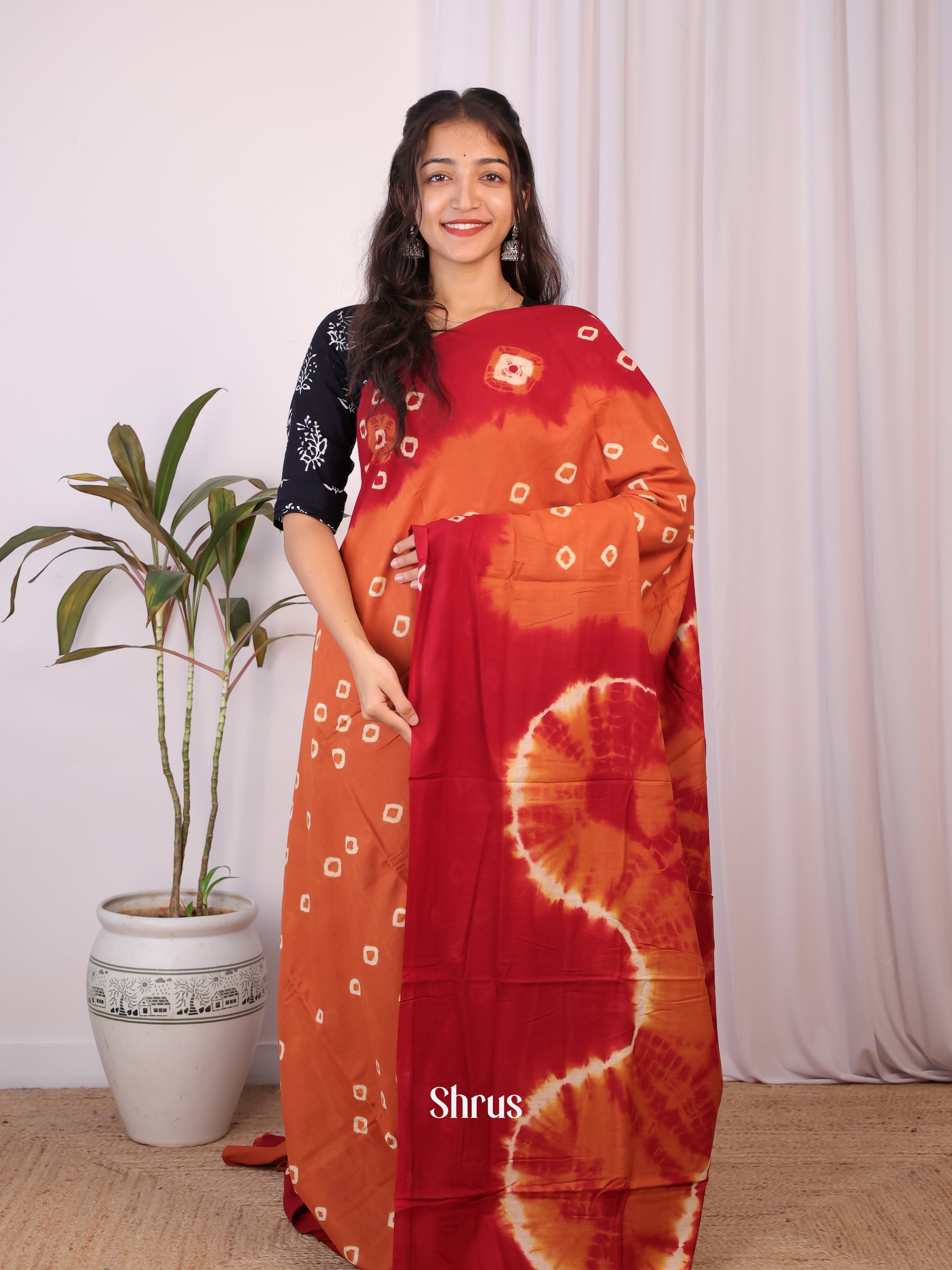 Brick & Red - Cotton Saree - Shop on Shrus.com